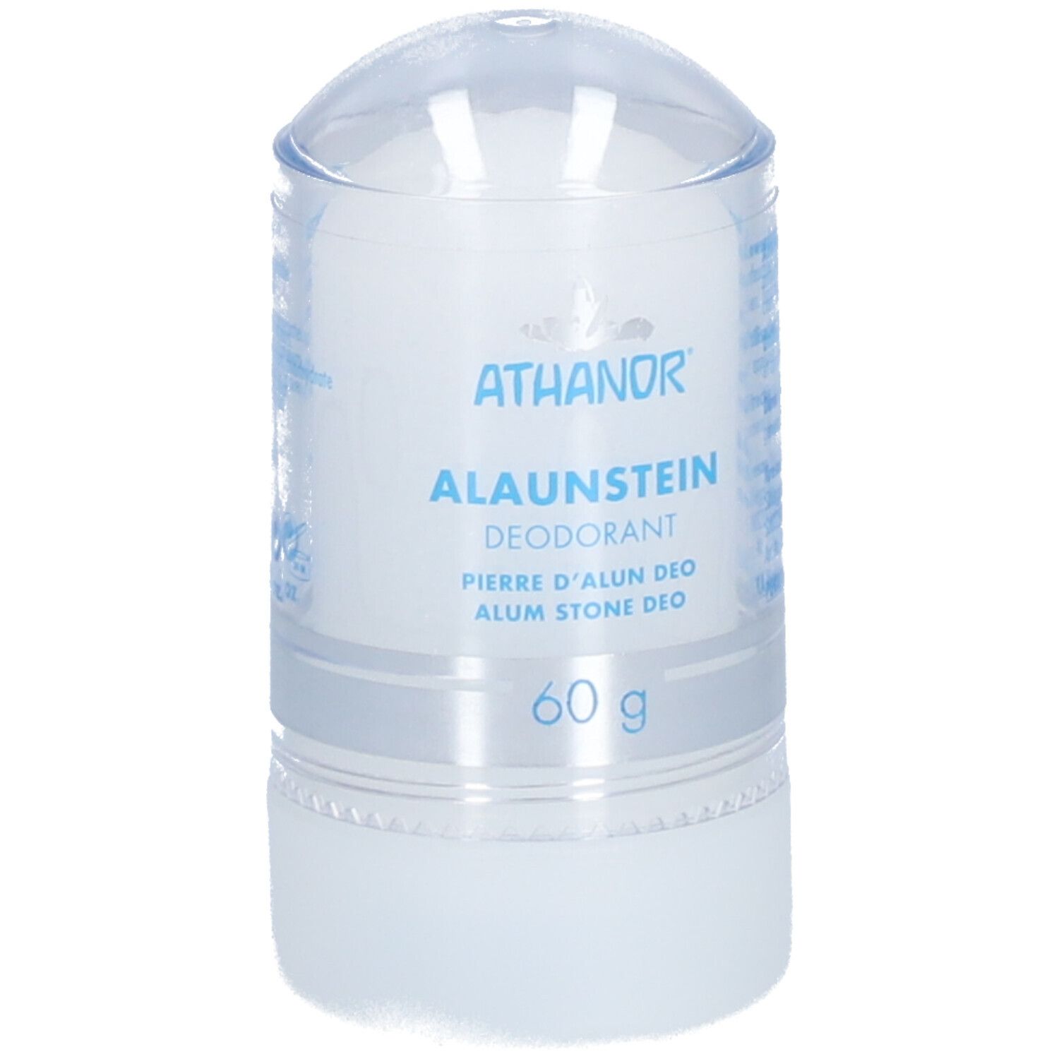 Déodorant en stick avec couvercle transparent. Inscription : ATHANOR, Alaunstein Deo, 60 g.