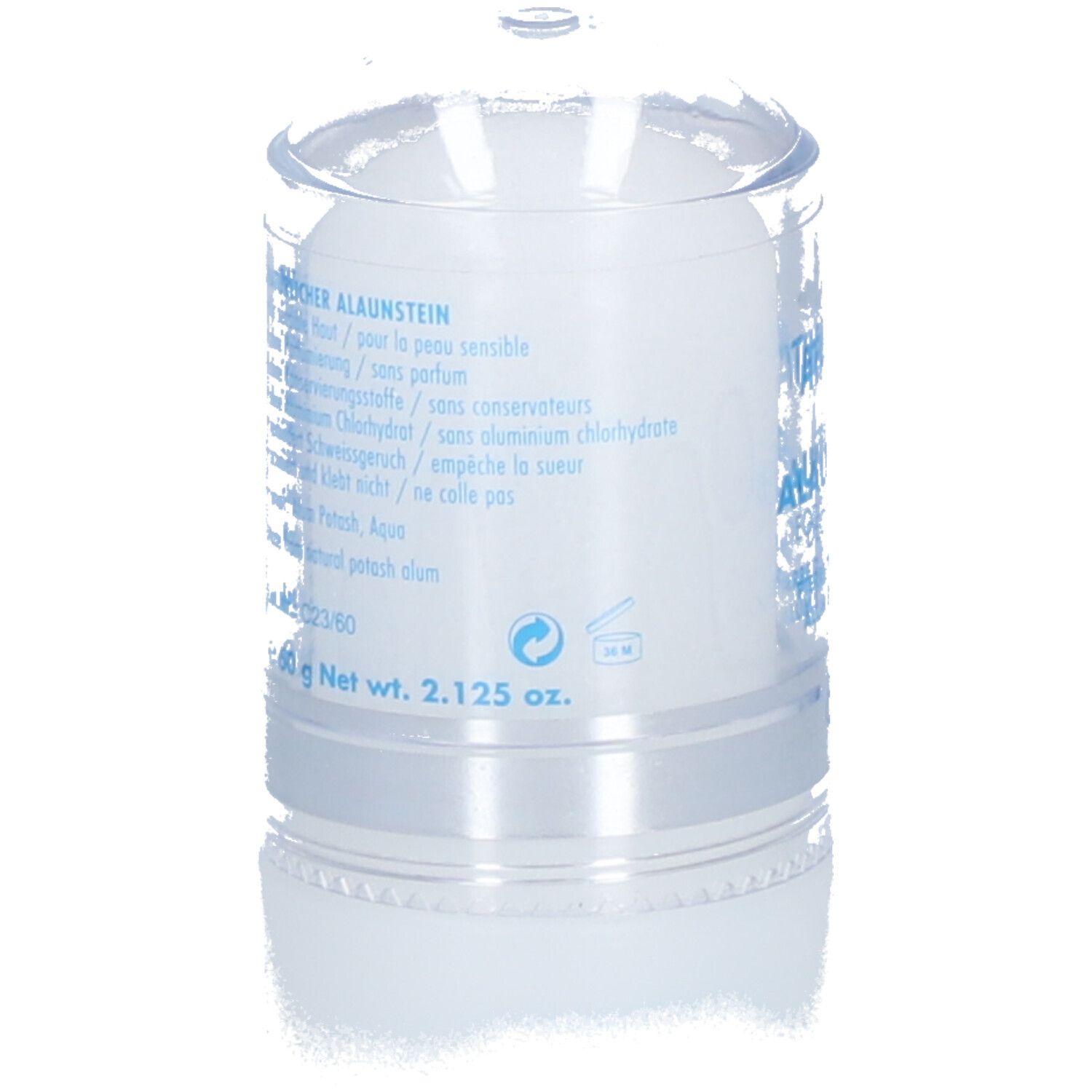 Déodorant en stick avec couvercle transparent. Dos avec informations et 60 g net.