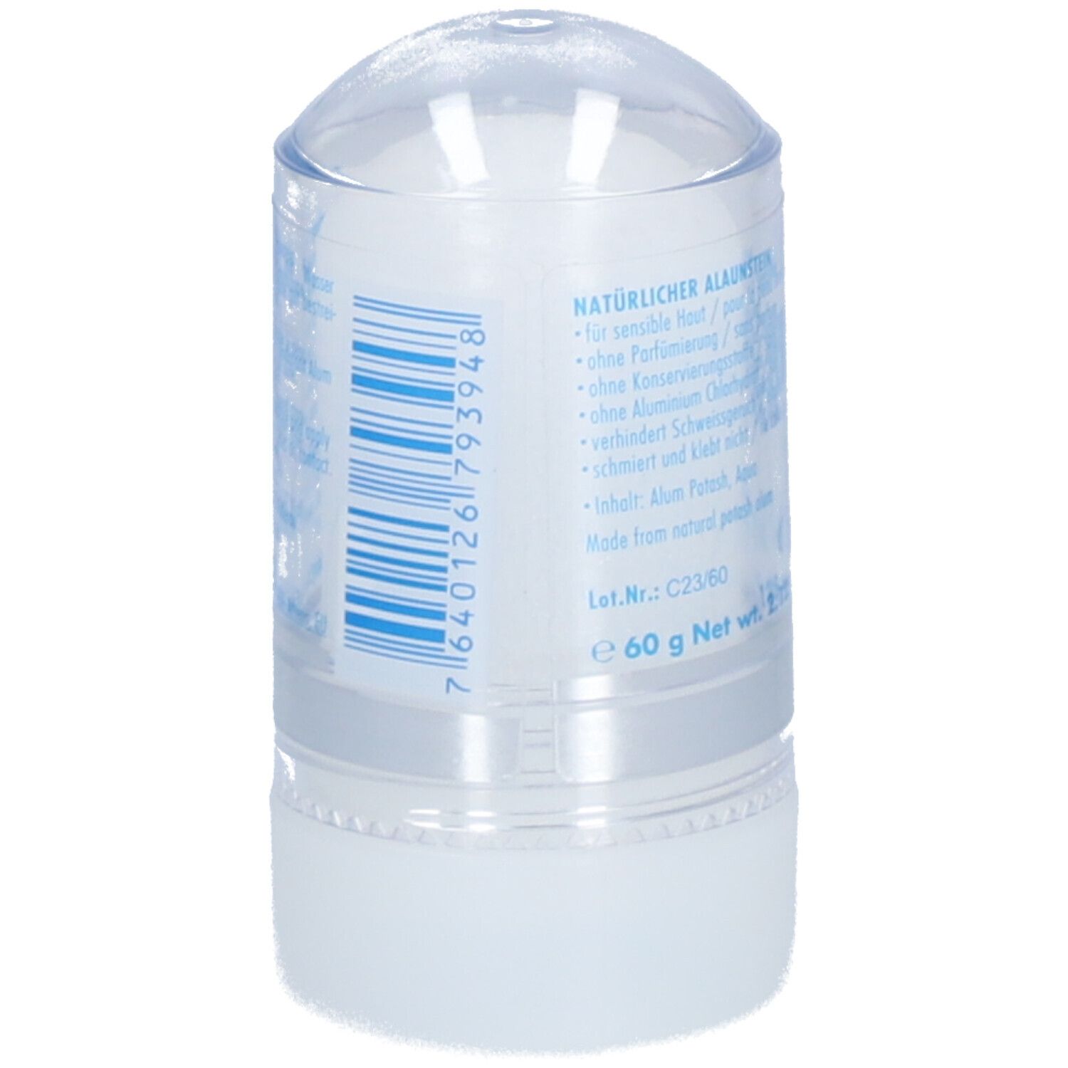 Déodorant en stick avec couvercle transparent. Dos avec code-barres et informations.