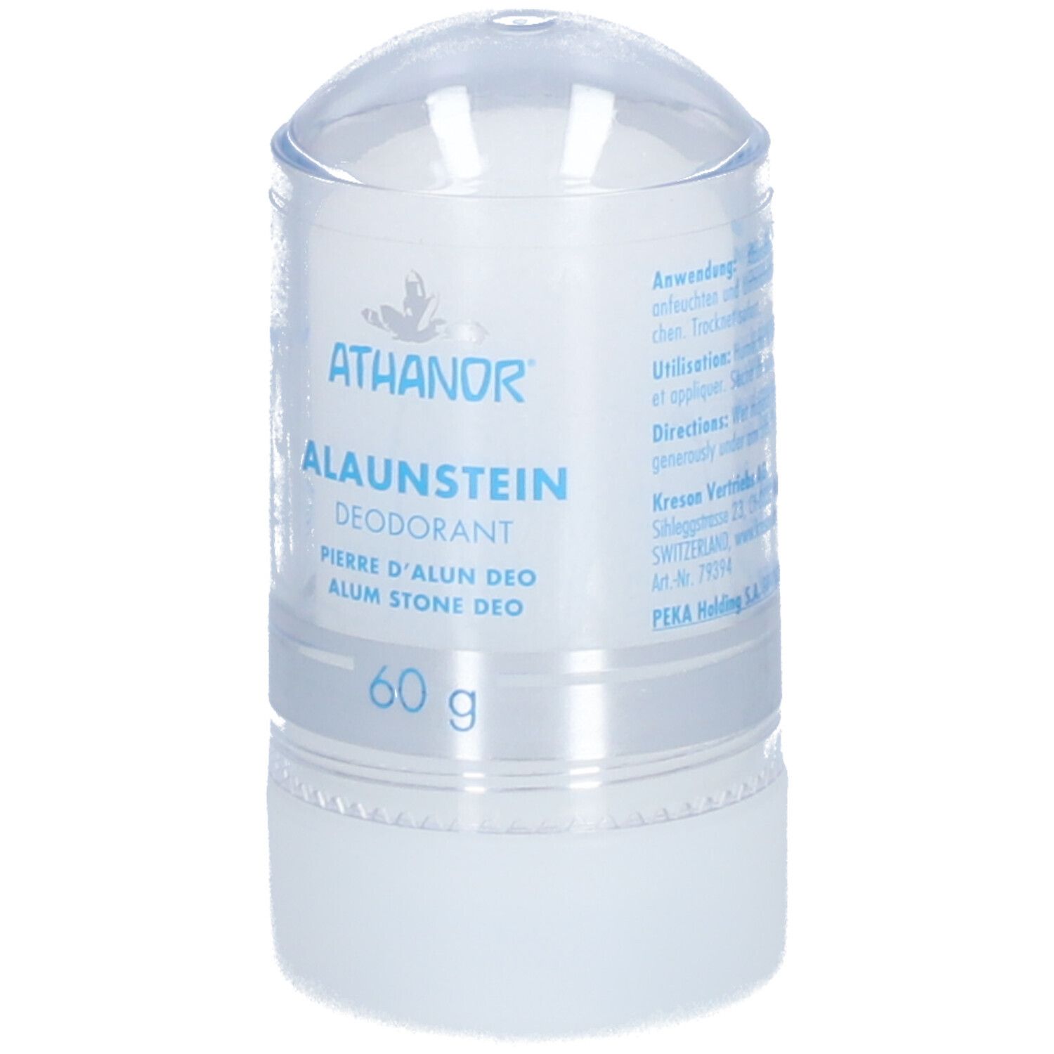Déodorant en stick avec couvercle transparent. Inscription : ATHANOR, Alaunstein Deo, 60 g. Dos avec mode d'emploi.