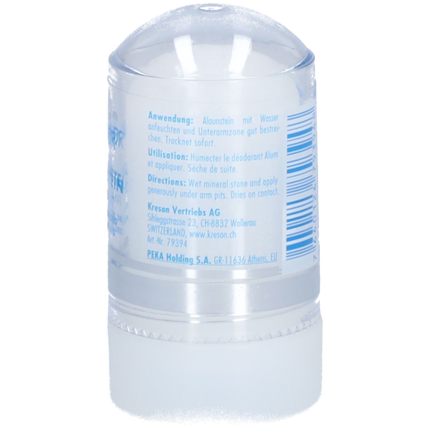 Déodorant en stick avec couvercle transparent. Dos avec instructions et adresse du fabricant.