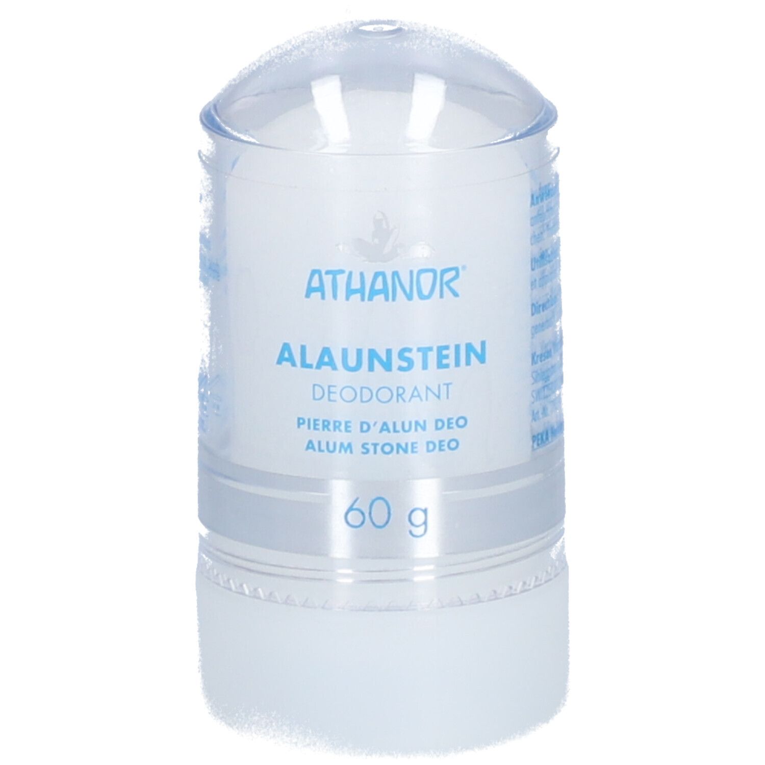 Déodorant en stick avec couvercle transparent. Inscription : ATHANOR, Alaunstein Deo, 60 g.