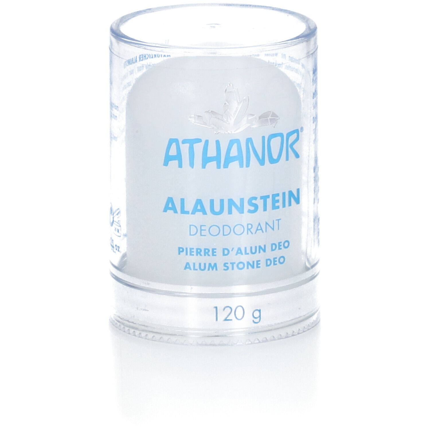 Pierre de déodorant dans un étui transparent. Écriture bleue : ATHANOR, Alaunstein, Déodorant, 120 g. Nom et poids du produit.