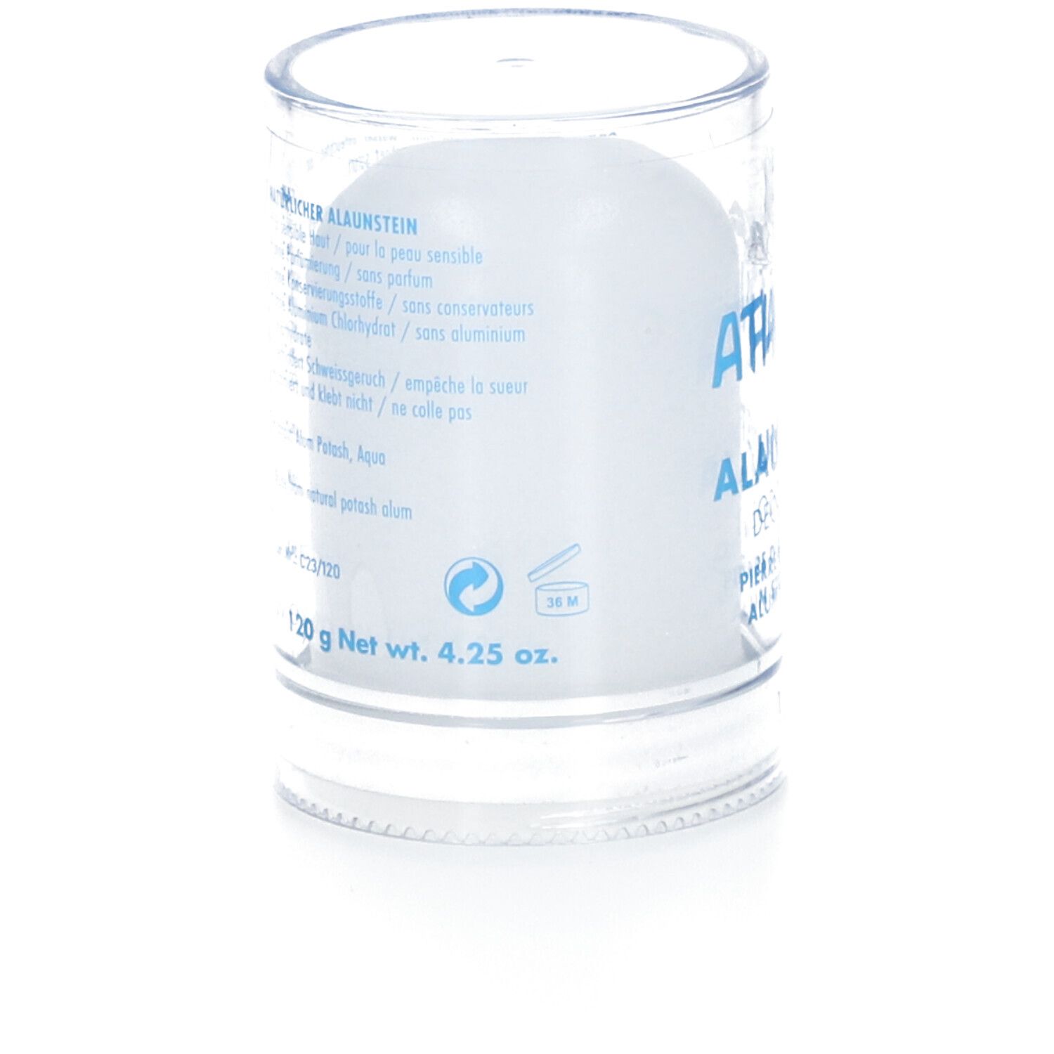 Pierre de déodorant dans un étui transparent. Dos avec texte multilingue. Poids : 120 g net, 4,25 oz.