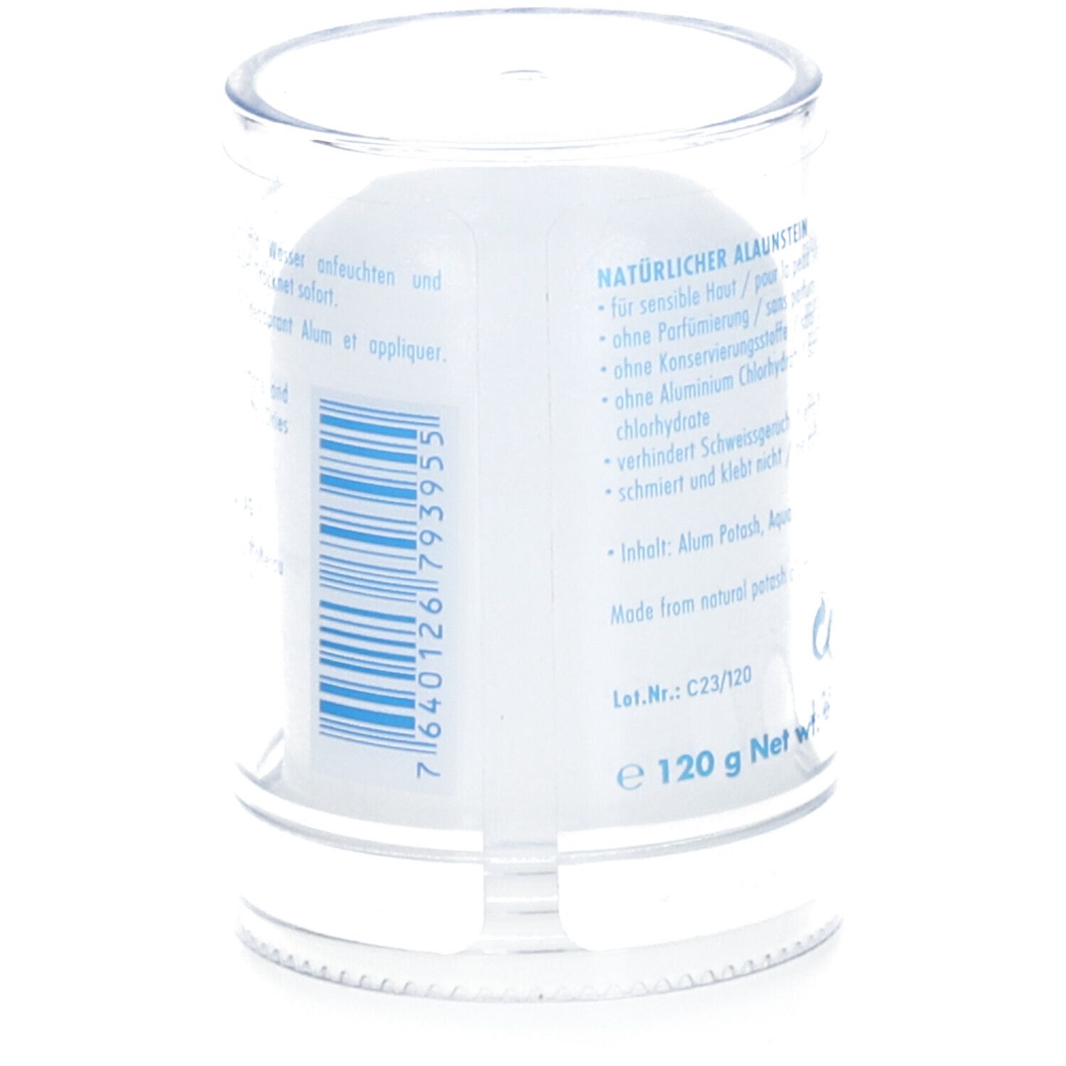 Pierre de déodorant dans un étui transparent. Dos avec texte et code-barres. Poids : 120 g. Informations du fabricant.