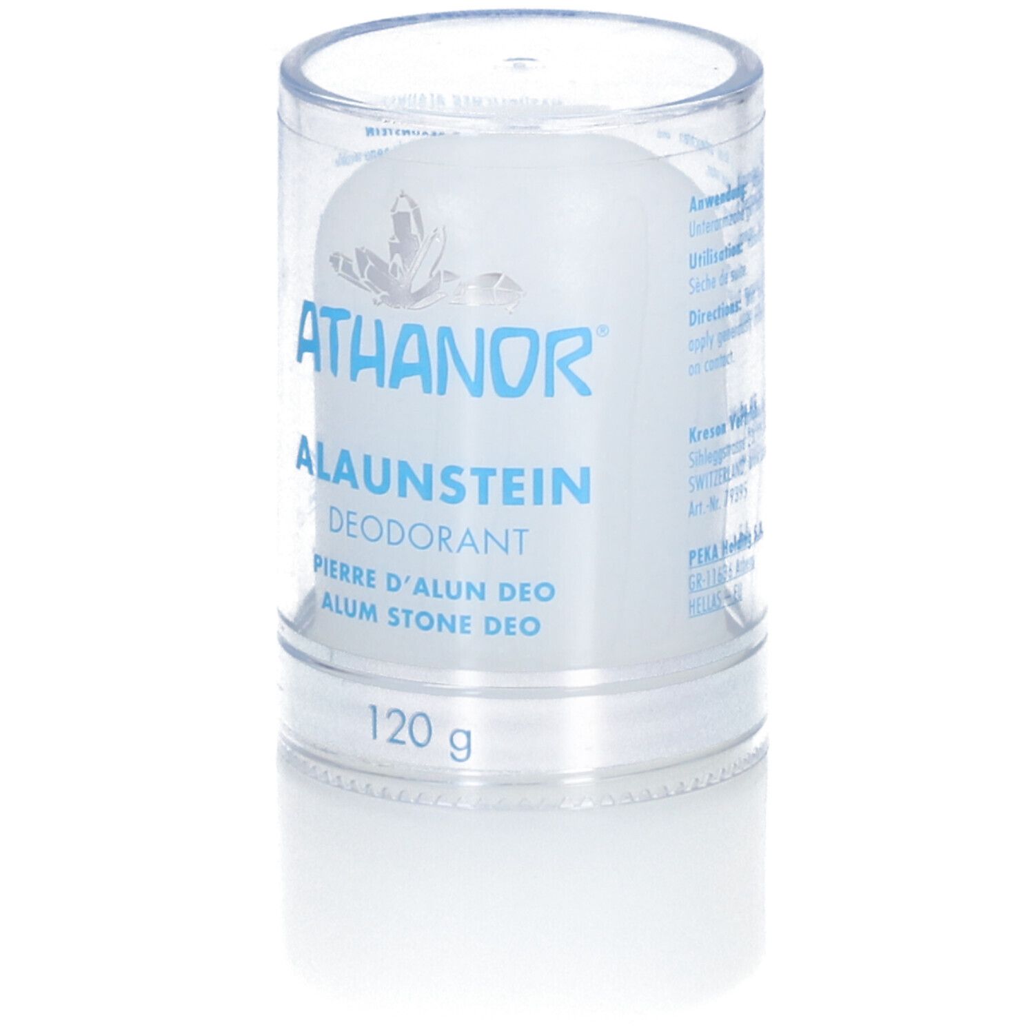 Pierre de déodorant dans un étui transparent. Écriture bleue : ATHANOR, Alaunstein, Déodorant, 120 g. Nom et poids du produit.