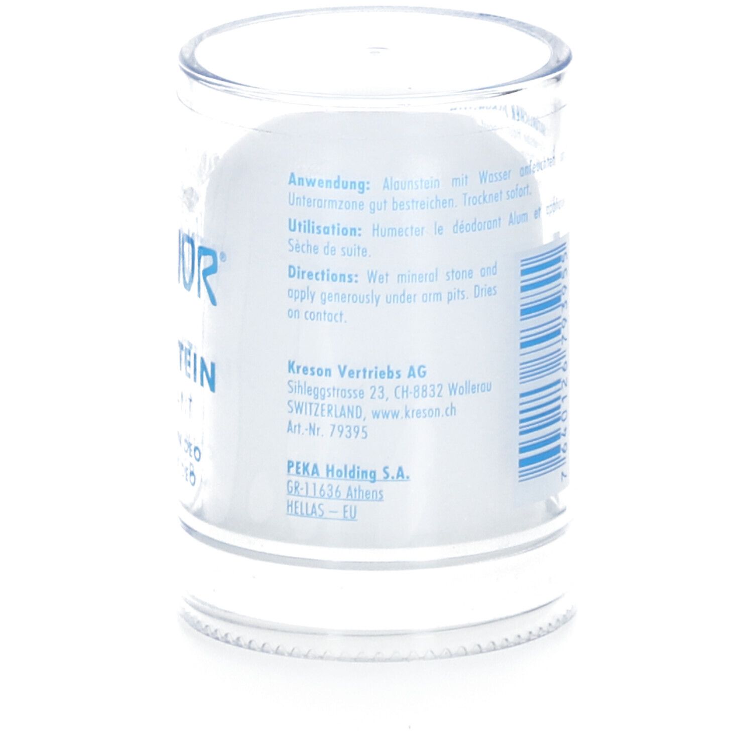 Pierre de déodorant dans un étui transparent. Dos avec texte. Informations du fabricant et instructions d'utilisation.