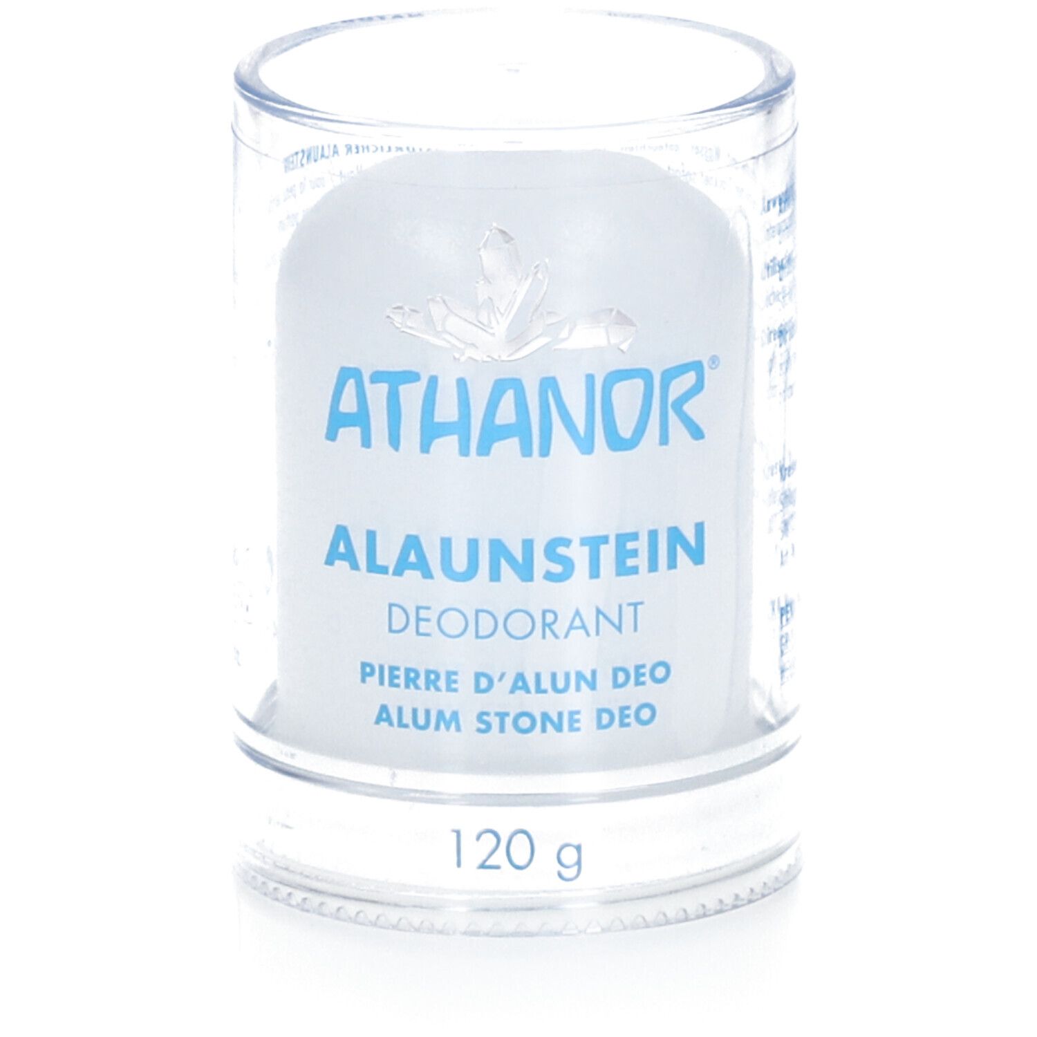 Pierre de déodorant dans un étui transparent. Écriture bleue : ATHANOR, Alaunstein, Déodorant, 120 g. Nom et poids du produit.