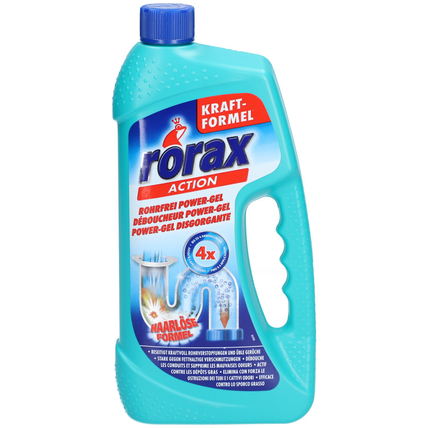 Bouteille turquoise avec bouchon bleu. Étiquette RORAX Action Power-Gel. Texte Kraft-Formel. Illustration d'un drain bouché.