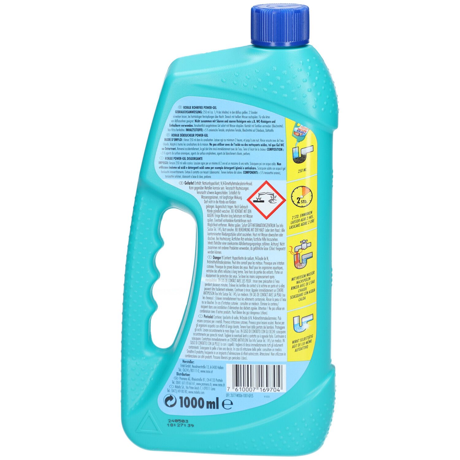 Dos de la bouteille turquoise. Textes multilingues et pictogrammes. Bouchon bleu et poignée. Avertissements.