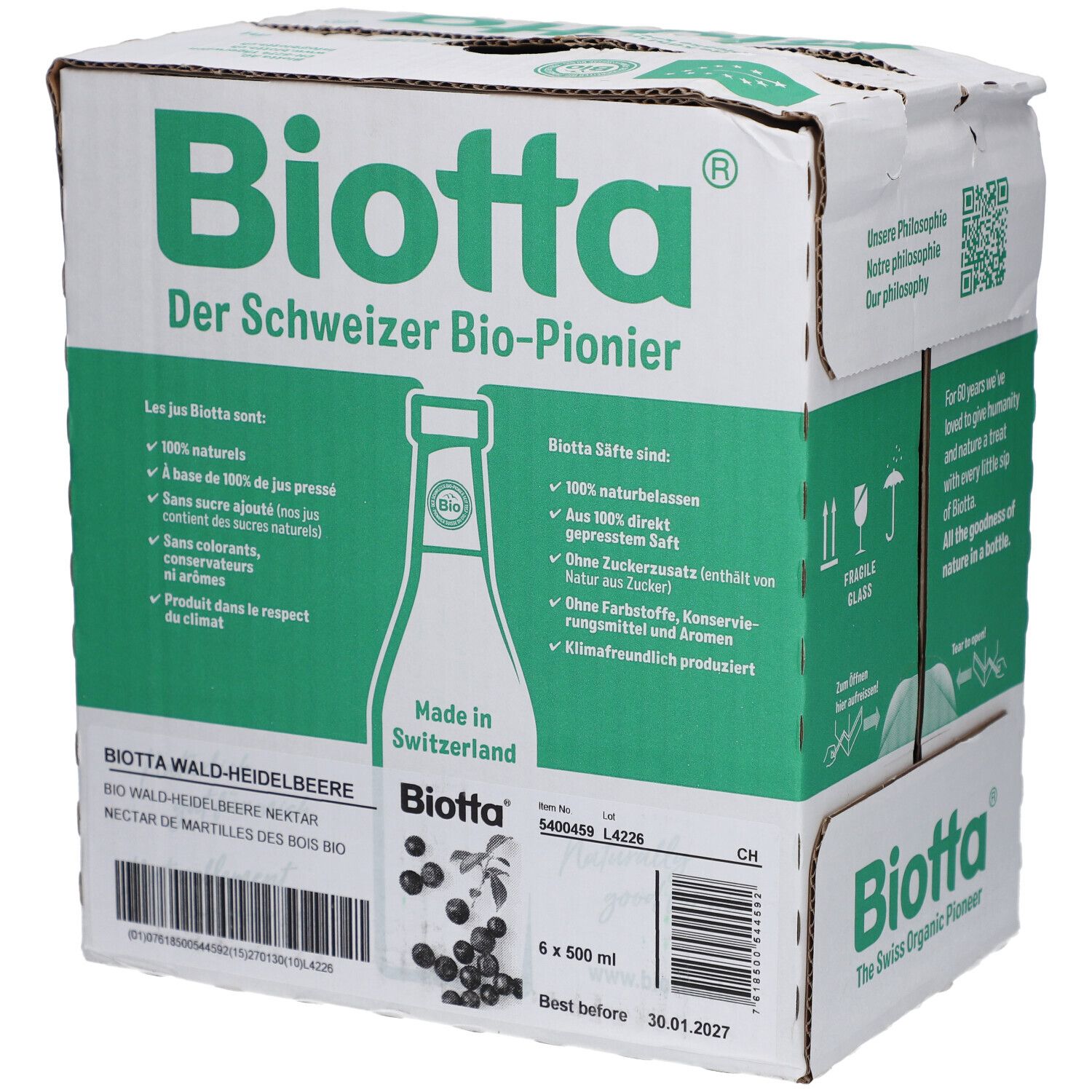 Carton de BIOTTA Waldheidelbeere Bio. Six bouteilles, emballage vert et blanc. Texte: Le pionnier bio suisse.