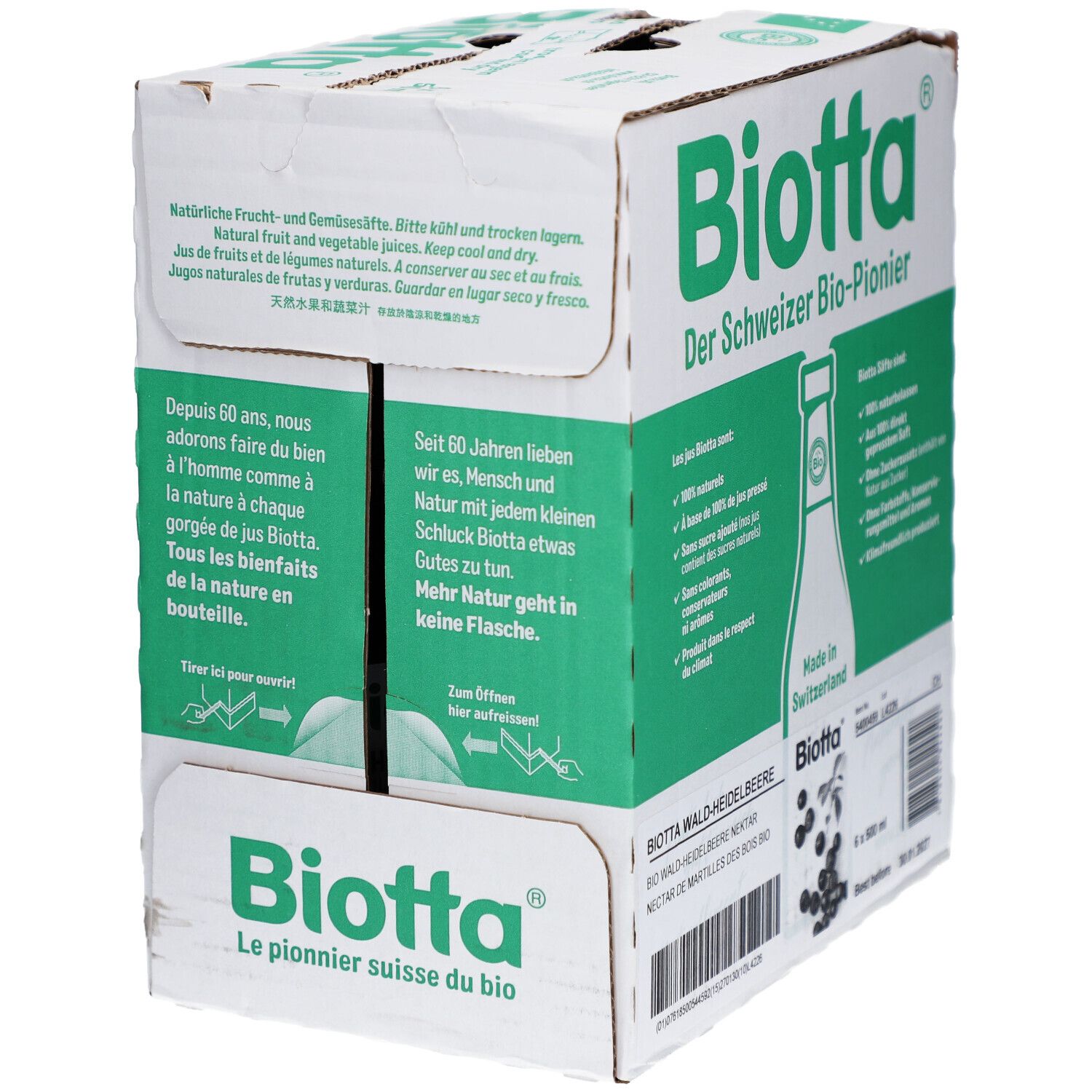 Carton de BIOTTA Waldheidelbeere Bio. Emballage vert et blanc. Texte: Le pionnier bio suisse. Informations imprimées.