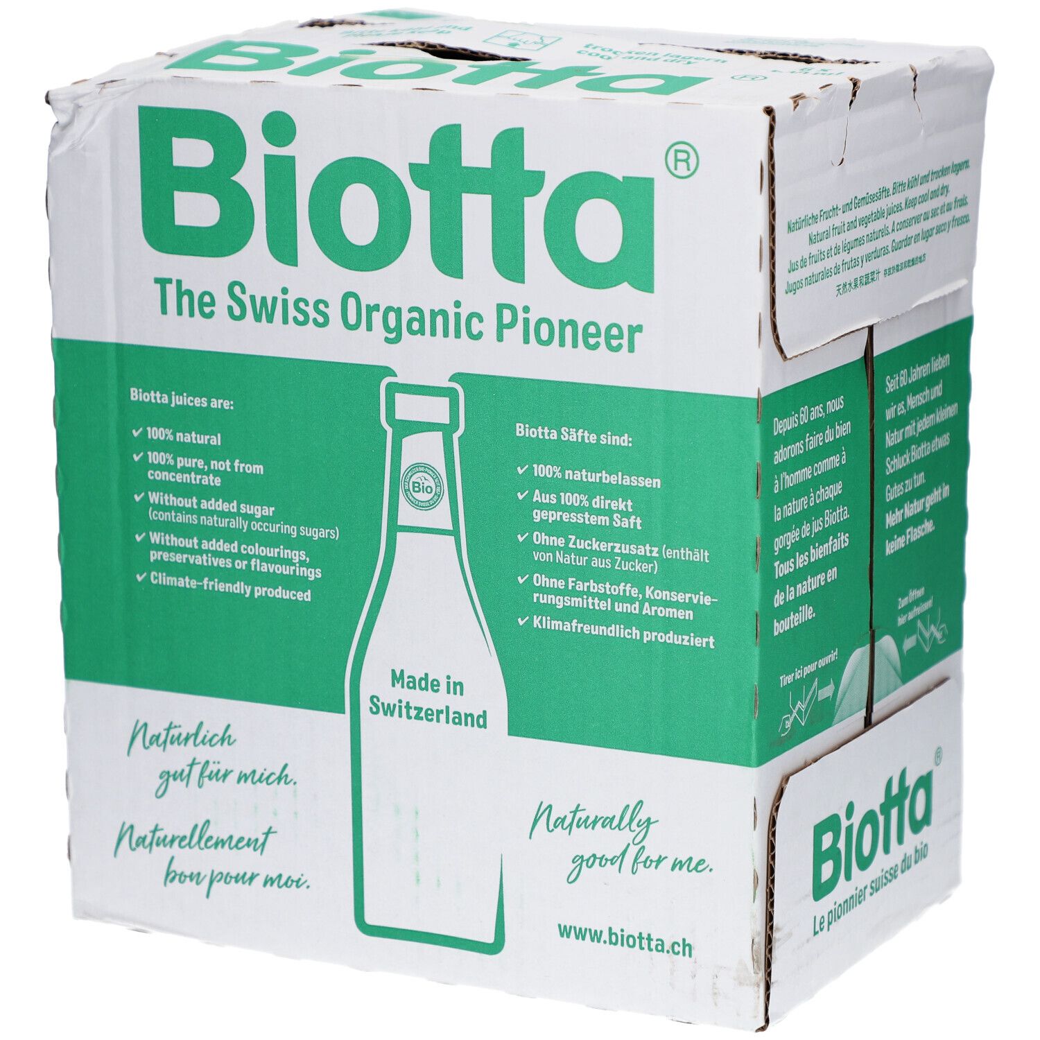 Carton de BIOTTA Waldheidelbeere Bio. Emballage vert et blanc. Texte: The Swiss Organic Pioneer. Informations et logo.