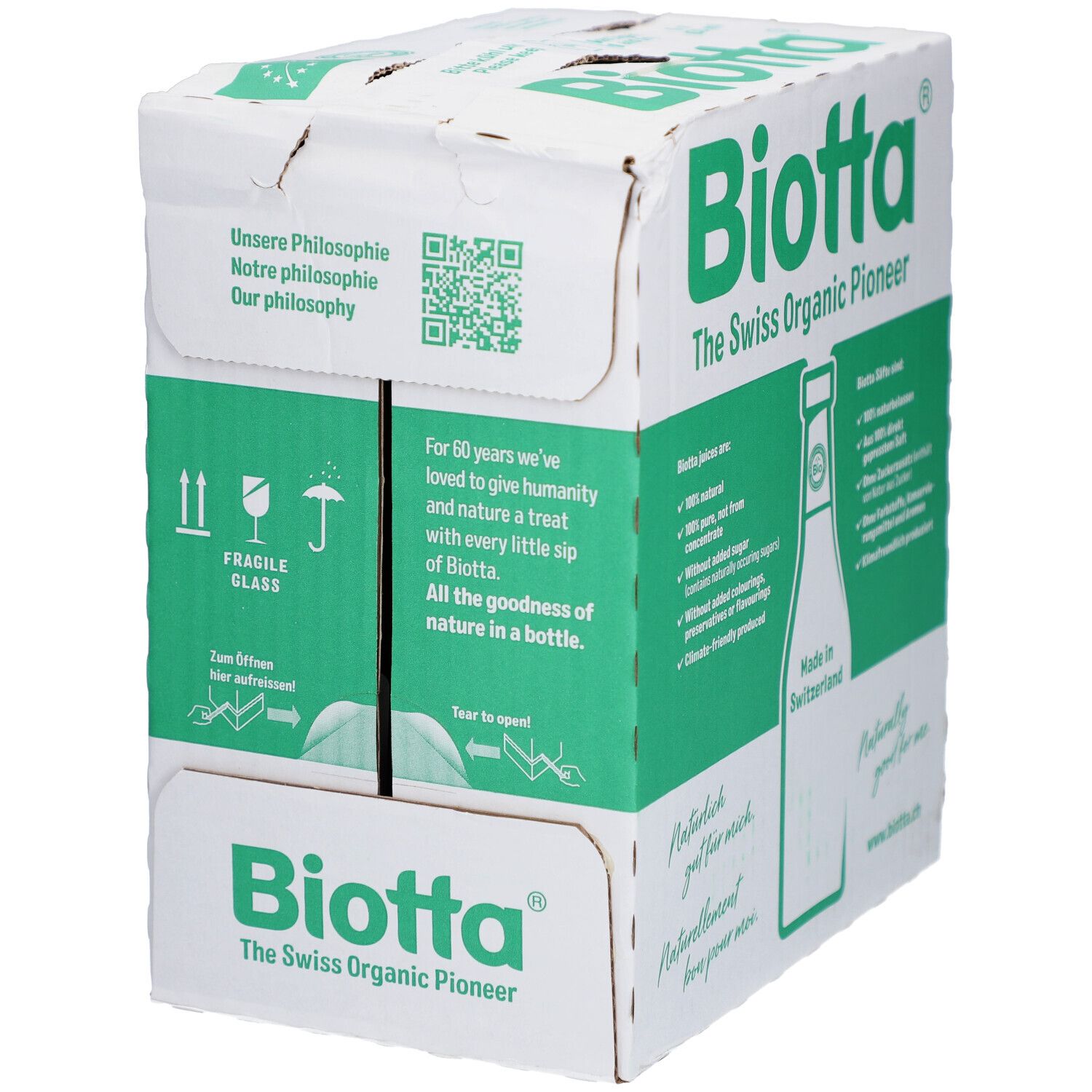 Carton de BIOTTA Waldheidelbeere Bio. Emballage vert et blanc. Texte: The Swiss Organic Pioneer. Instructions d'ouverture.