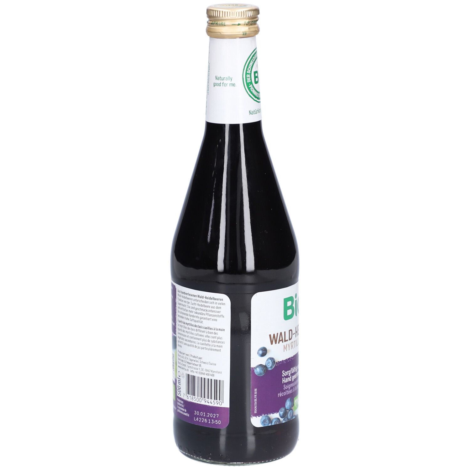 Dos de la bouteille en verre avec étiquette. Informations textuelles, liste des ingrédients, date de péremption et code-barres.