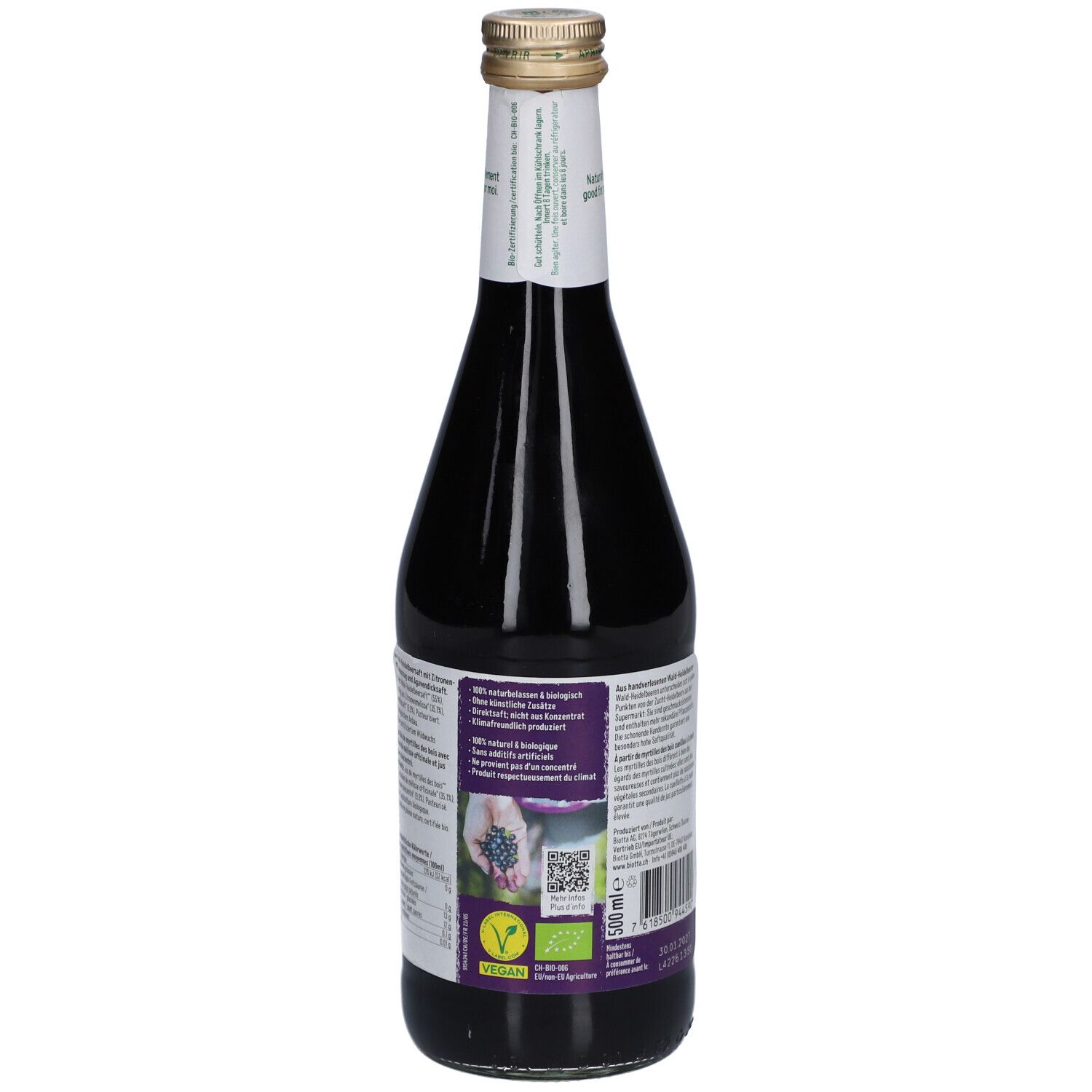 Vue arrière de la bouteille. Étiquette avec texte, label bio et code QR. Contient des informations sur les ingrédients et les certifications.