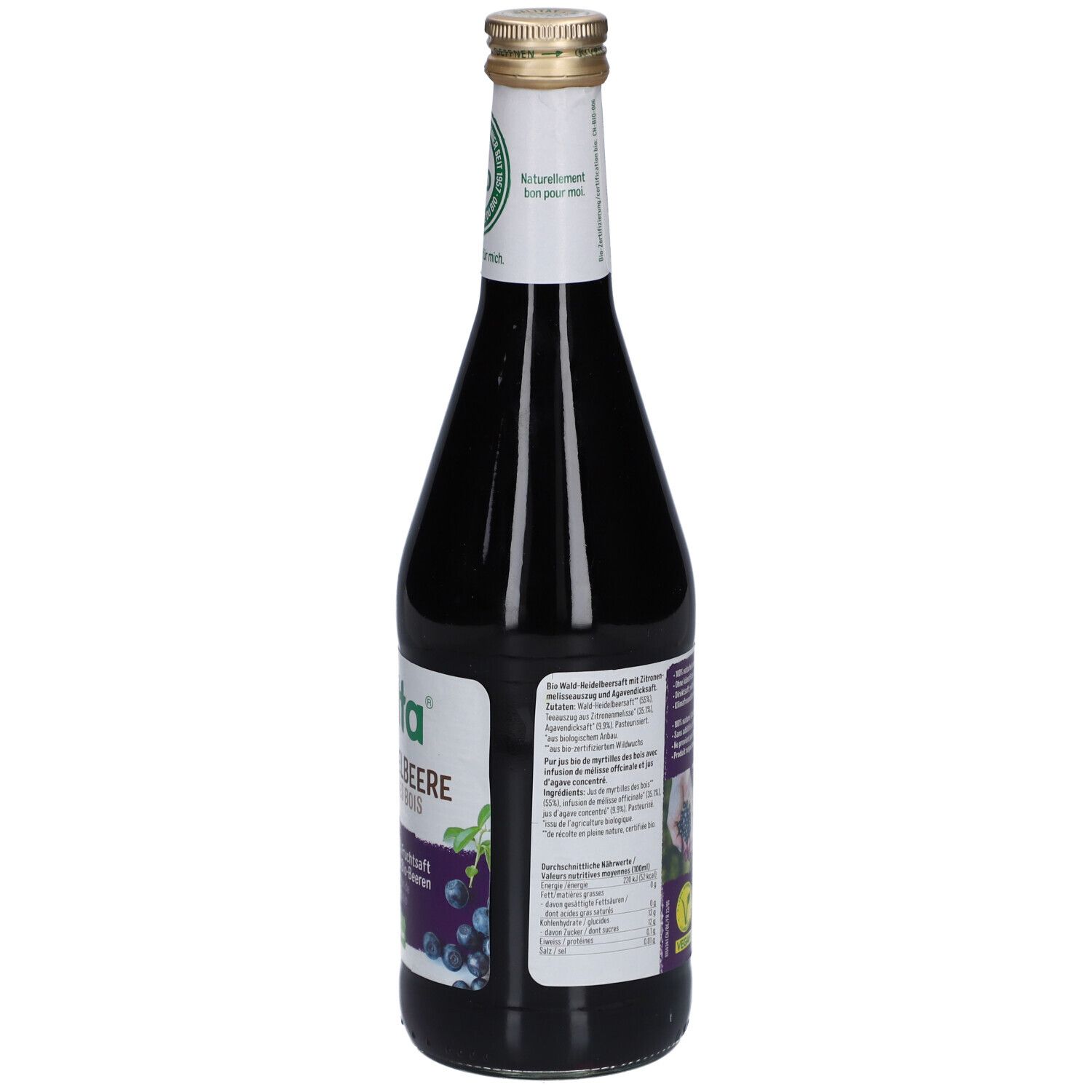 Dos de la bouteille. Étiquette avec texte, label bio et code QR. Informations sur les ingrédients et les certifications.