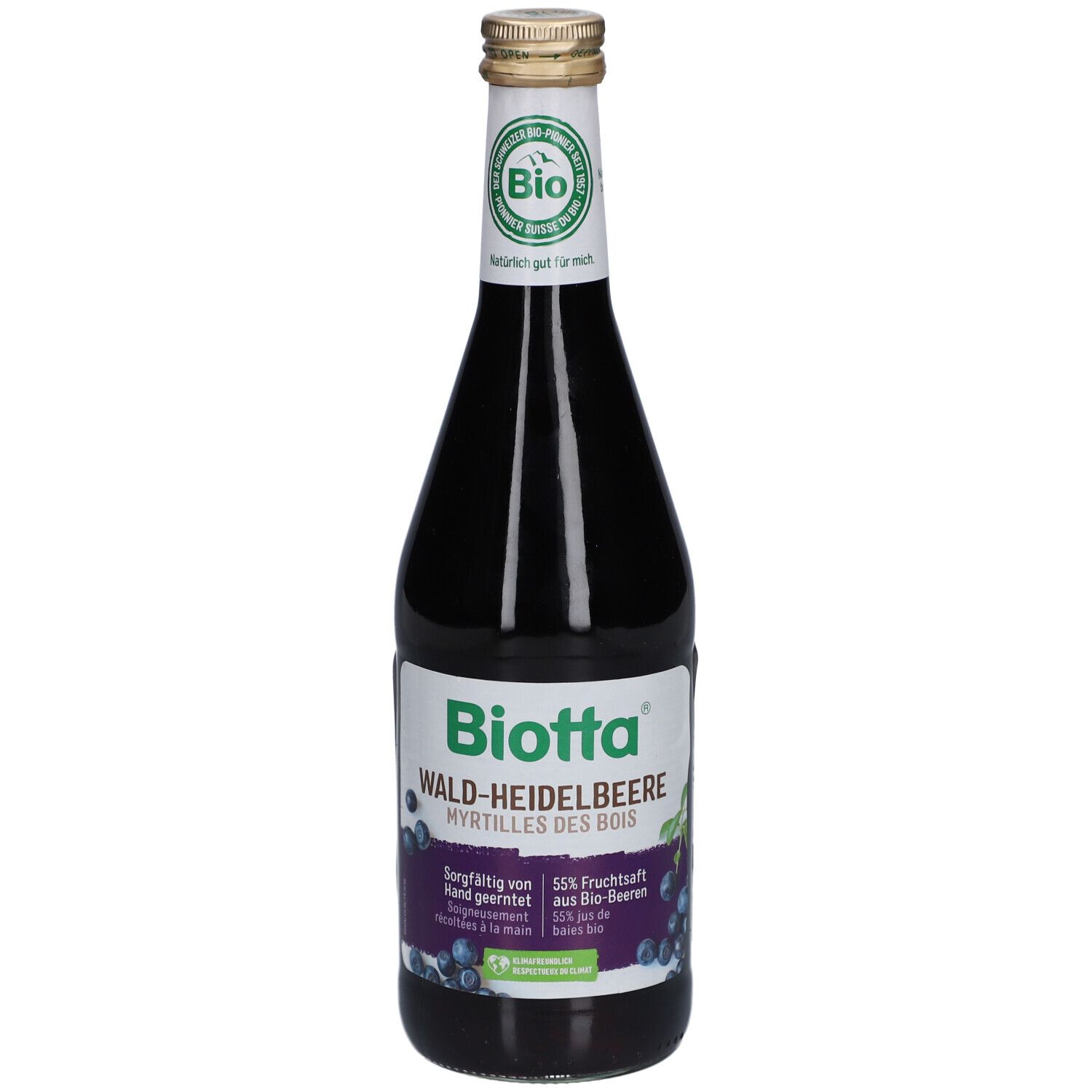Bouteille en verre de jus violet foncé. Étiquette avec "Biotta Wald-Heidelbeere" et label bio. Bouchon doré.