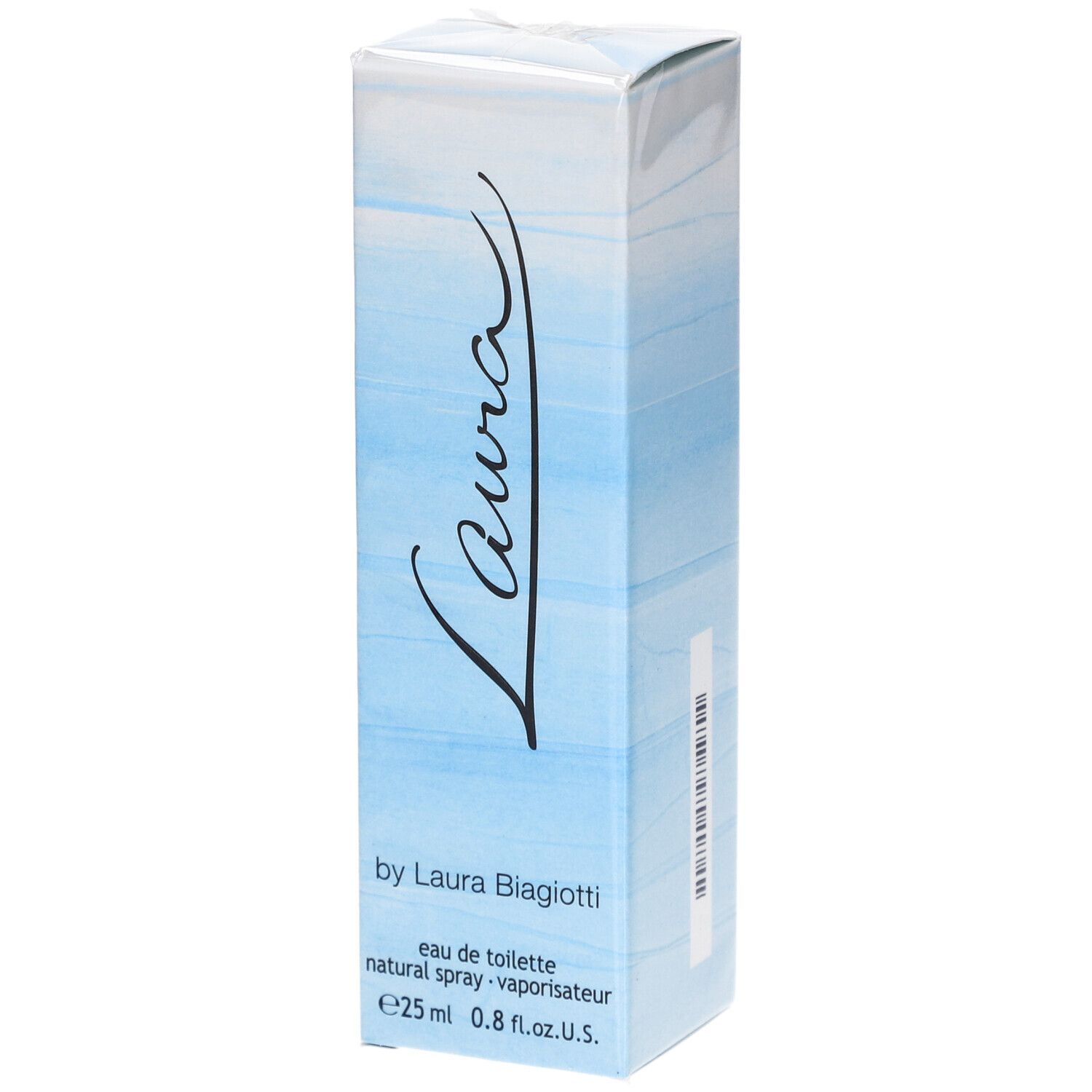 Boîte rectangulaire Laura Eau de Toilette. Dégradés bleus. Inscription Laura. Par Laura Biagiotti. 25 ml.