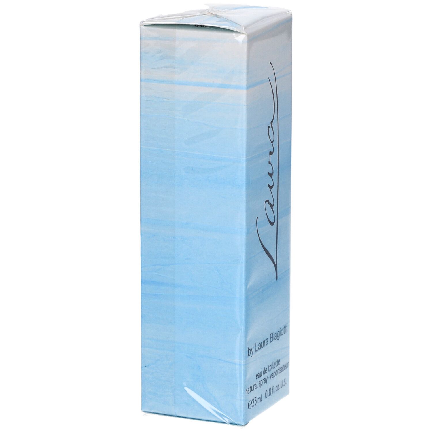 Boîte Laura Eau de Toilette, vue latérale. Dégradés bleus. Inscription Laura. Par Laura Biagiotti. 25 ml.