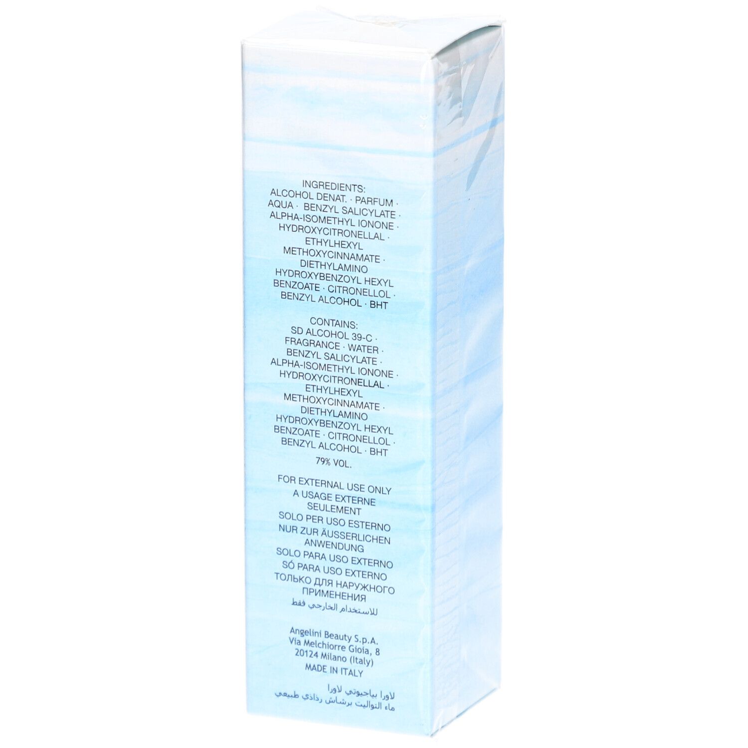 Dos de la boîte Laura Eau de Toilette. Ingrédients, avertissements. Adresse du fabricant. 79% Vol.