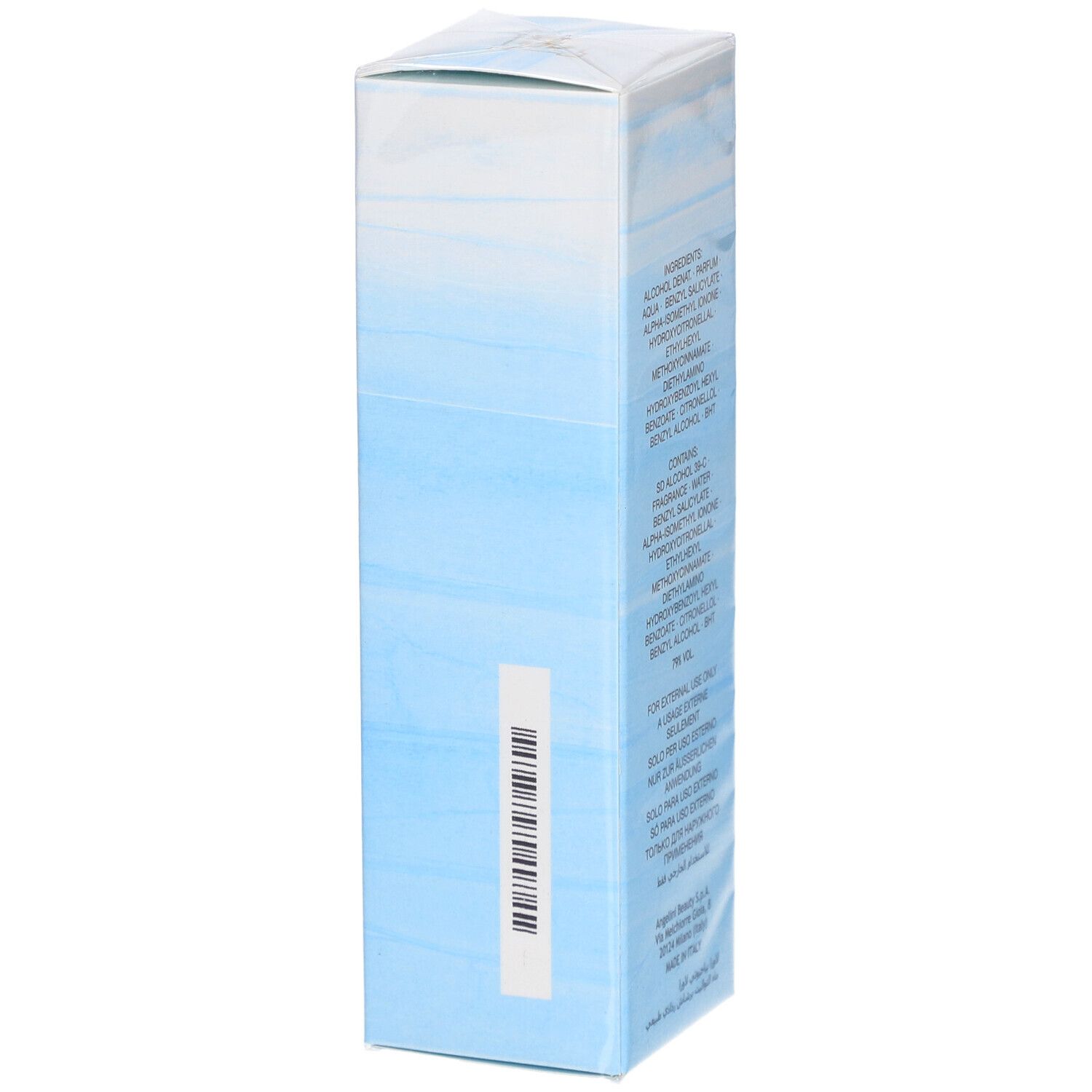 Dos de la boîte Laura Eau de Toilette. Ingrédients, avertissements. Code-barres. Adresse du fabricant.