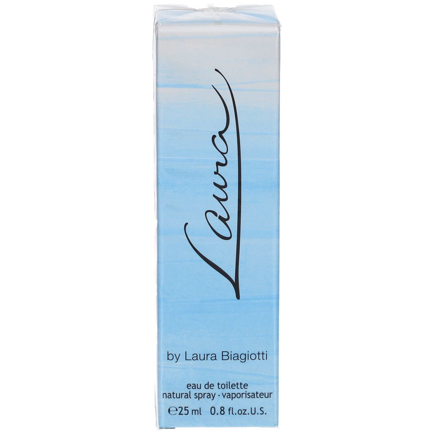 Boîte Laura Eau de Toilette. Dégradés bleus. Inscription Laura. Par Laura Biagiotti. 25 ml.