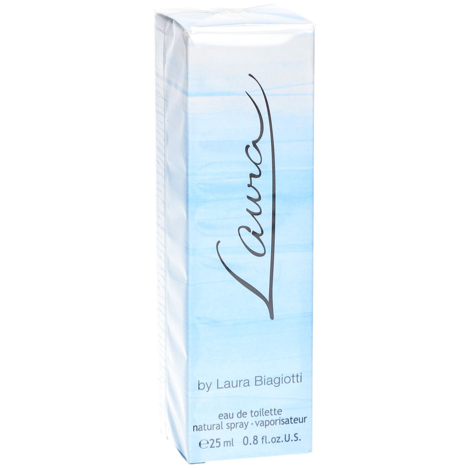 Boîte Laura Eau de Toilette. Dégradés bleus. Inscription Laura. Par Laura Biagiotti. 25 ml.