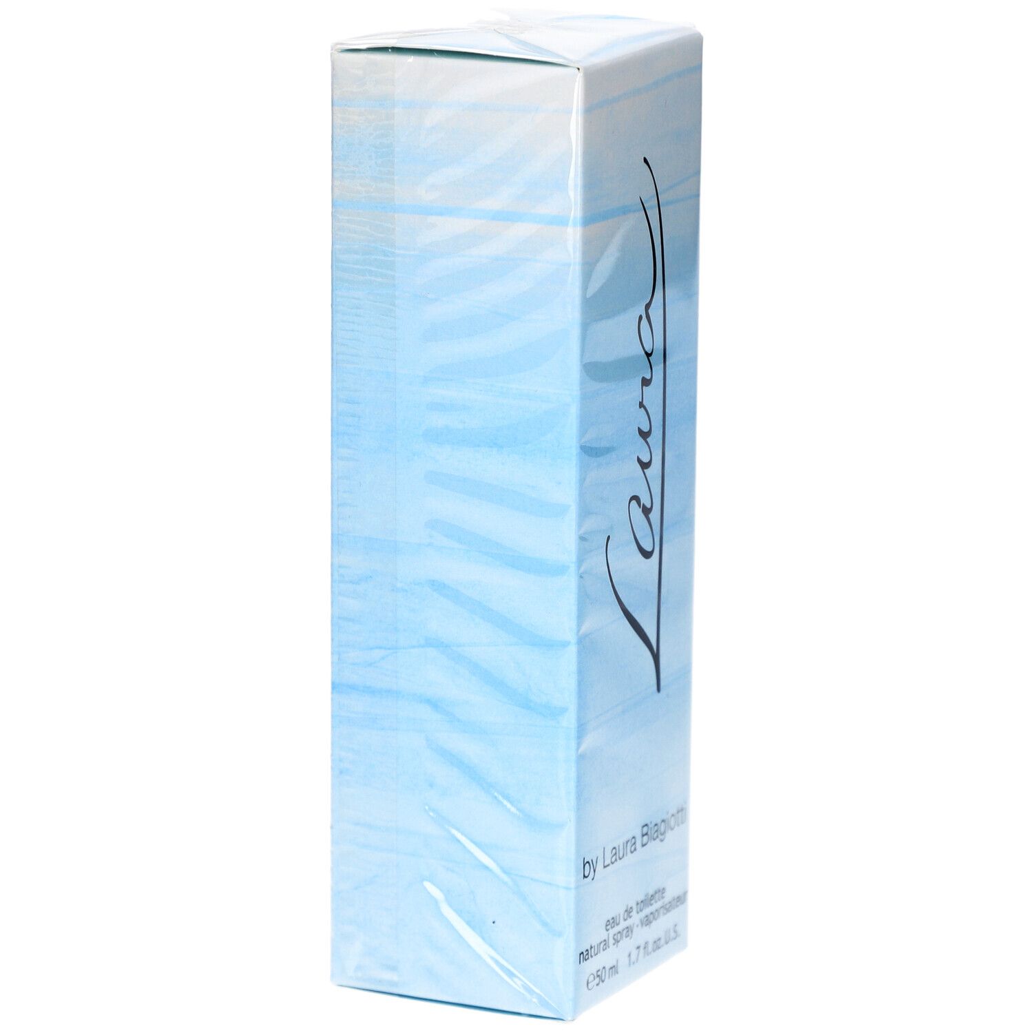 Boîte de parfum bleu et blanc avec le mot "Laura". Texte : "by Laura Biagiotti", "eau de toilette".