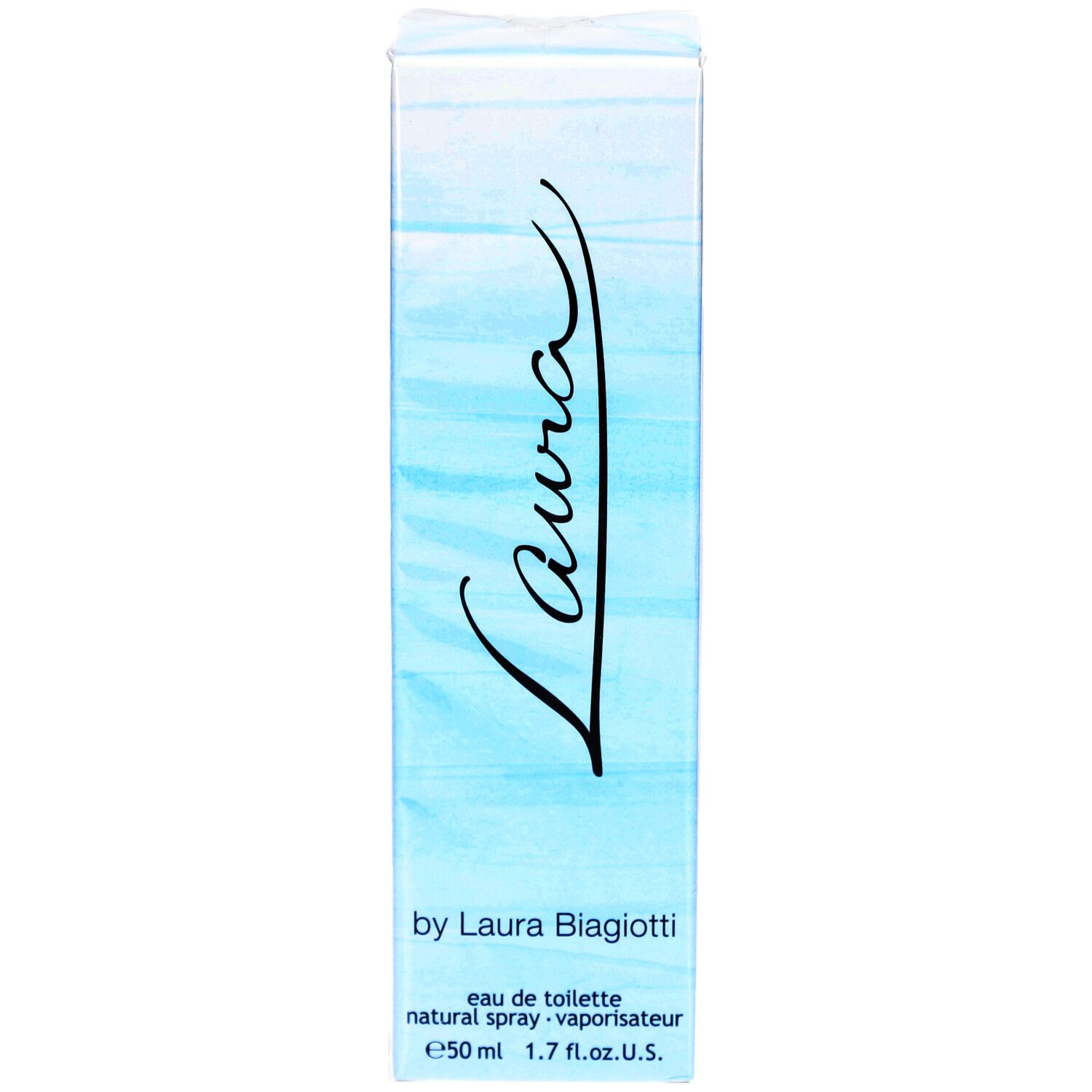 Boîte de parfum bleu et blanc avec le mot "Laura". Texte : "by Laura Biagiotti", "eau de toilette".