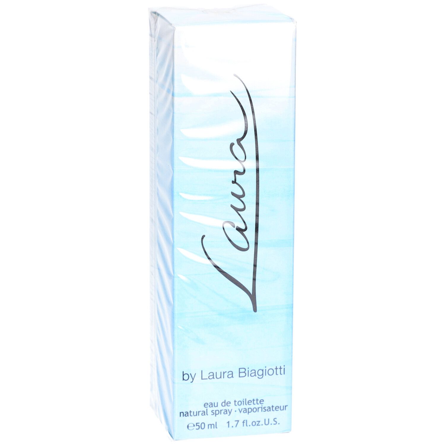 Boîte de parfum bleu et blanc avec le mot "Laura". Texte : "by Laura Biagiotti", "eau de toilette".