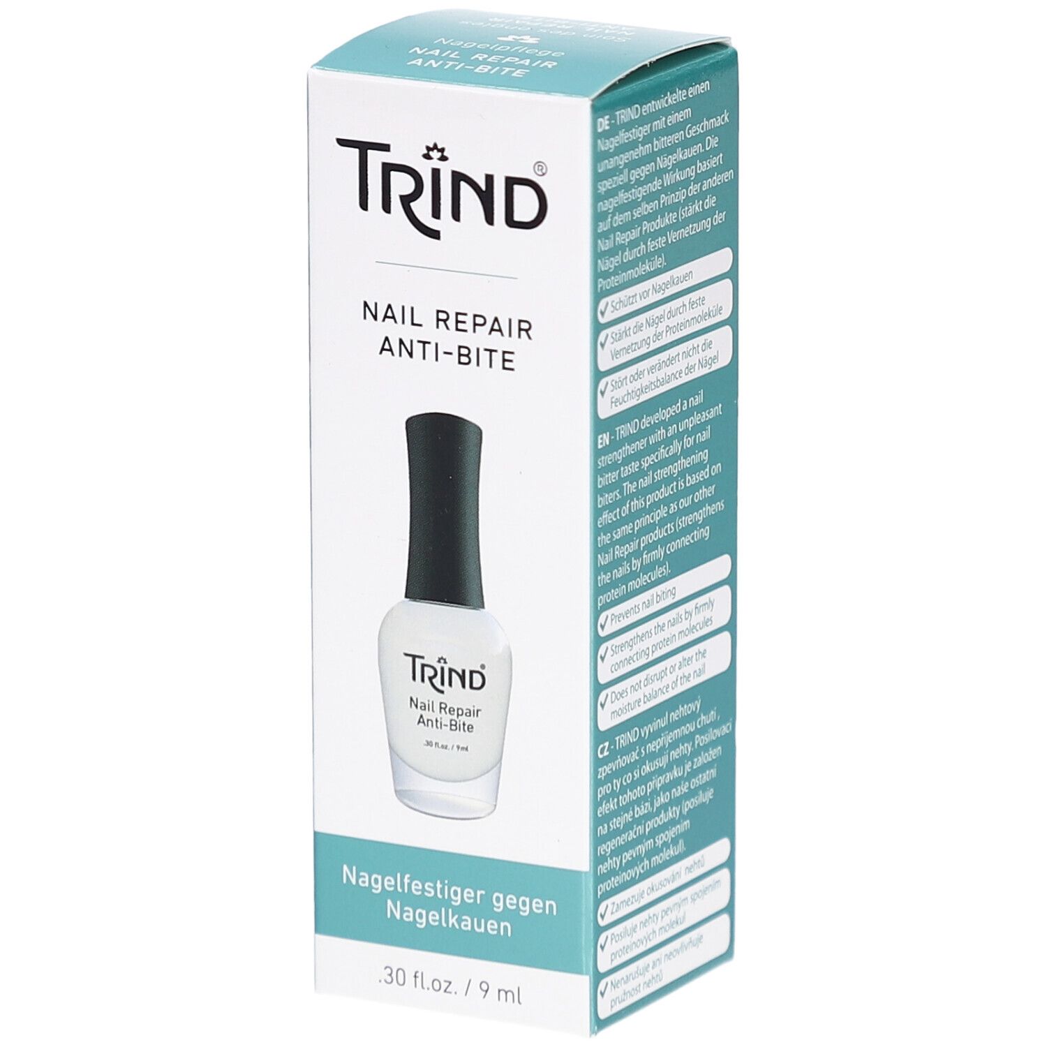 Boîte TRIND Nail Repair Anti-Bite. Flacon vernis blanc, bouchon noir. Texte: Nagelfestiger gegen Nagelkauern.