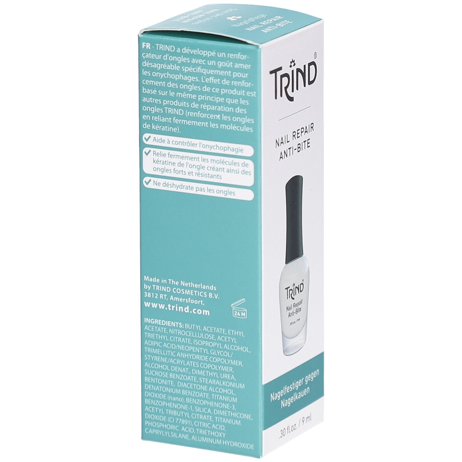 Dos de la boîte avec ingrédients et texte multilingue. TRIND Nail Repair Anti-Bite. Flacon vernis blanc.