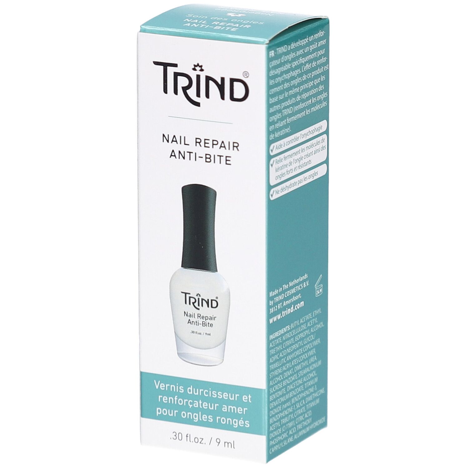 Boîte TRIND Nail Repair Anti-Bite. Flacon vernis blanc, bouchon noir. Texte: Vernis durcisseur et renforçateur amer.
