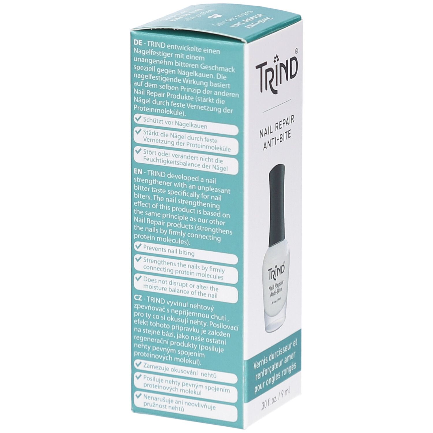 Boîte TRIND Nail Repair Anti-Bite. Flacon vernis blanc, bouchon noir. Texte multilingue.