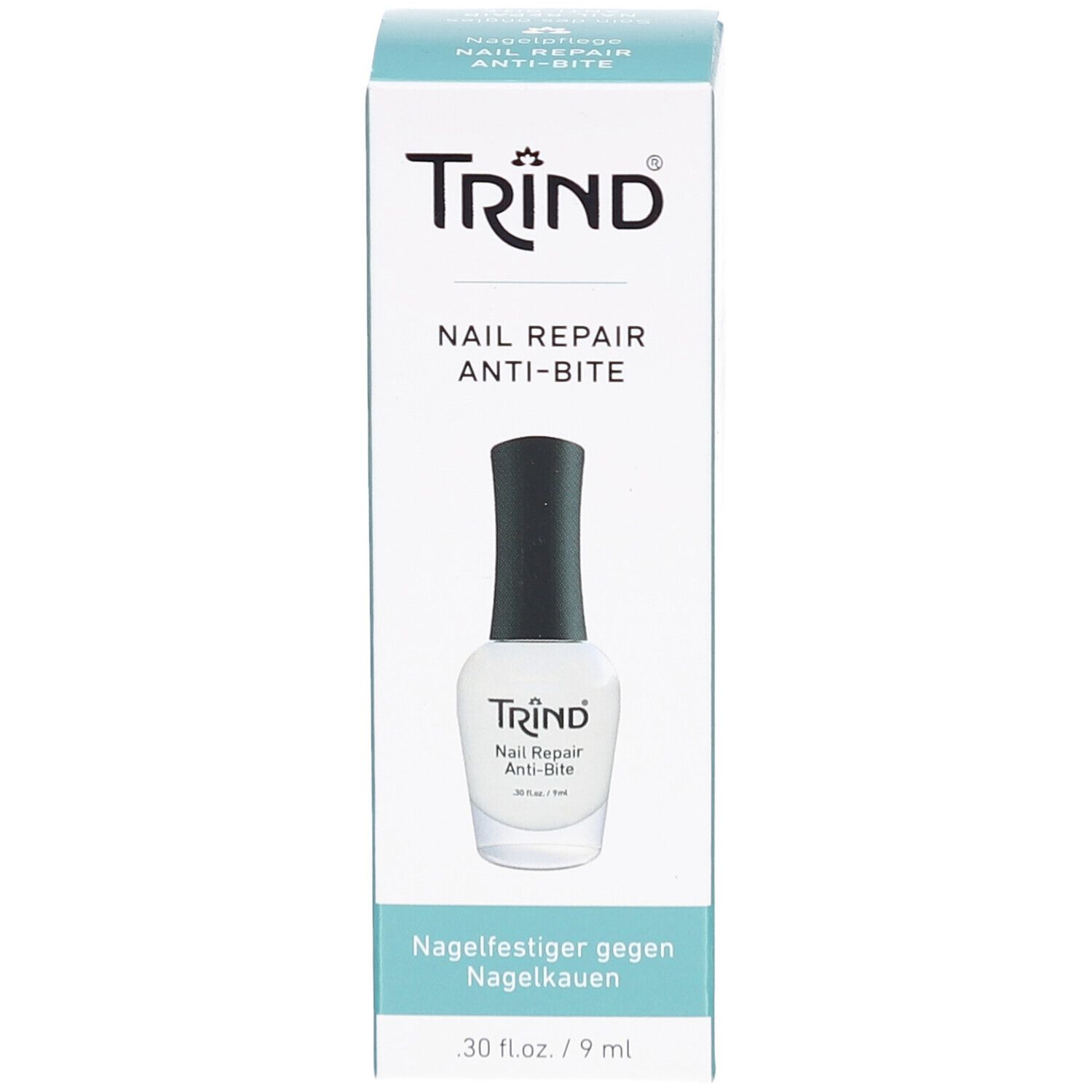 Boîte TRIND Nail Repair Anti-Bite. Flacon vernis blanc, bouchon noir. Texte: Nagelfestiger gegen Nagelkauern.