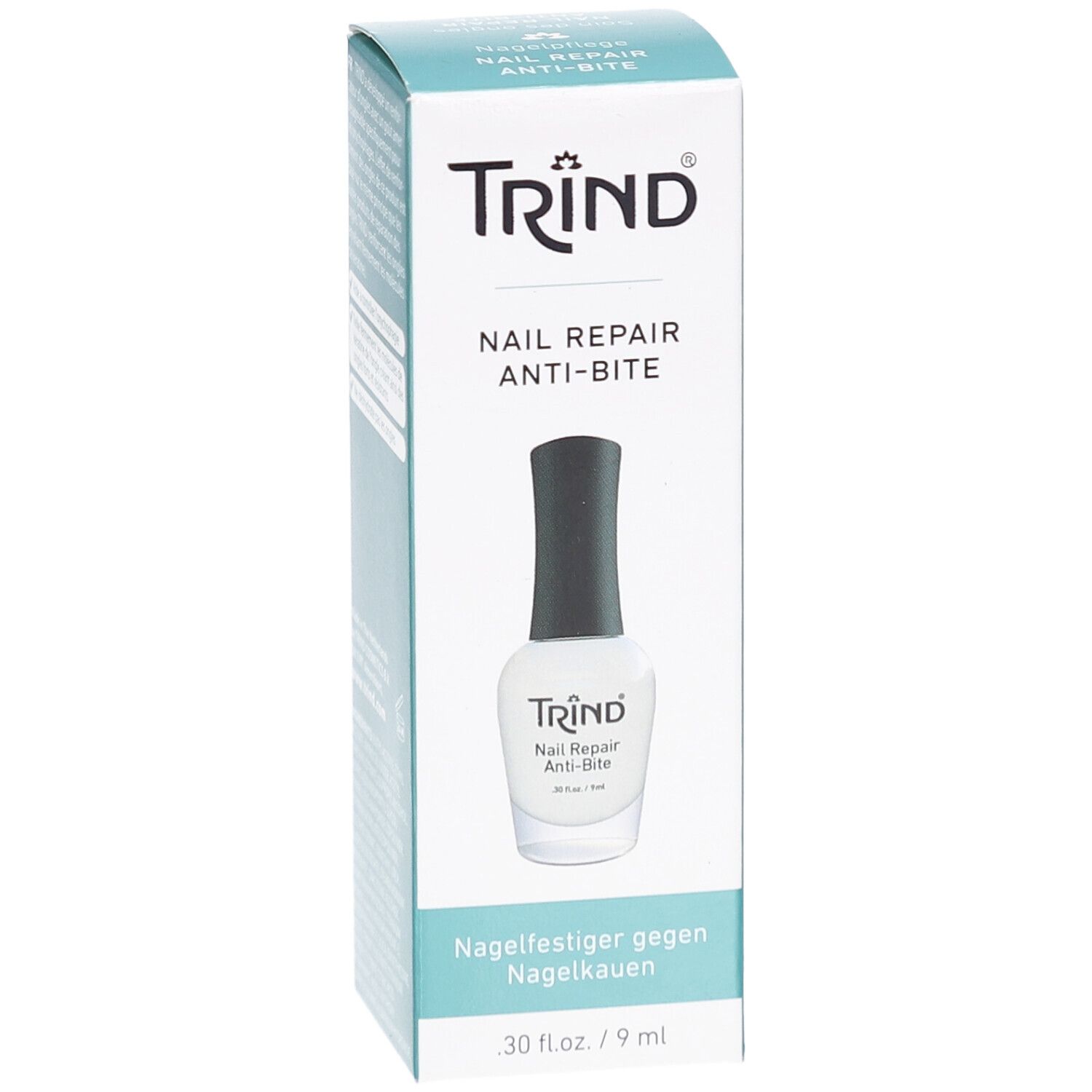 Boîte TRIND Nail Repair Anti-Bite. Flacon vernis blanc, bouchon noir. Texte: Nagelfestiger gegen Nagelkauern.