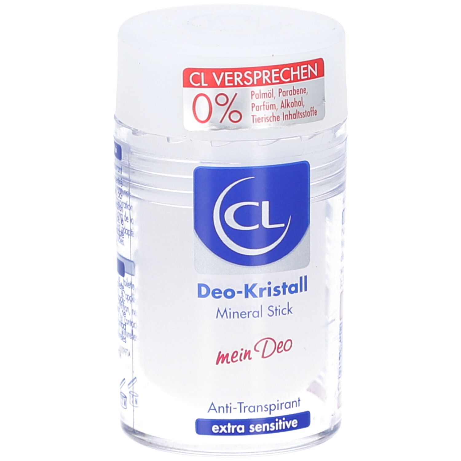 Stick minéral déodorant. Stick blanc avec logo bleu et autocollant rouge. Anti-transpirant, extra sensible.