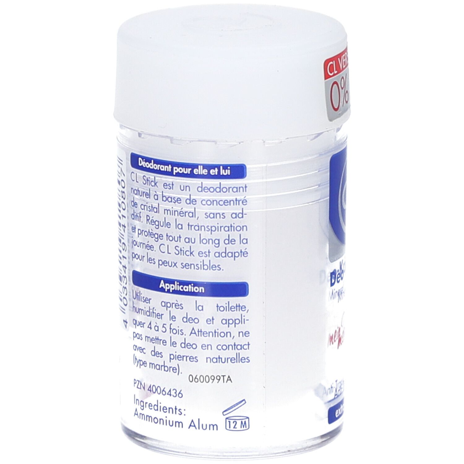 Stick minéral déodorant. Dos avec texte. Ingrédients: Ammonium Alum. Symbole 12M. Label Vegan.