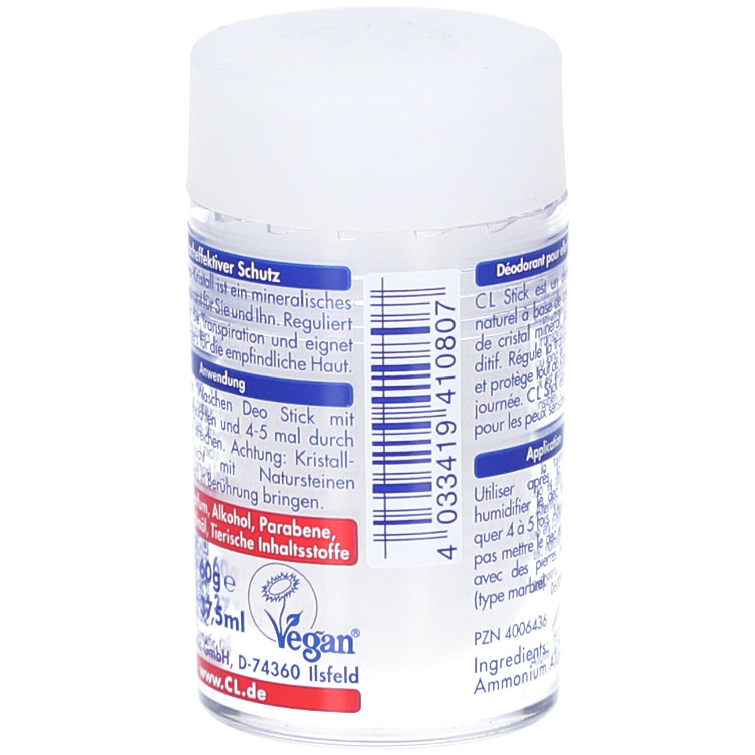 Stick minéral déodorant. Dos avec texte. Label Vegan. 60g, 37,5ml. Sans ingrédients.