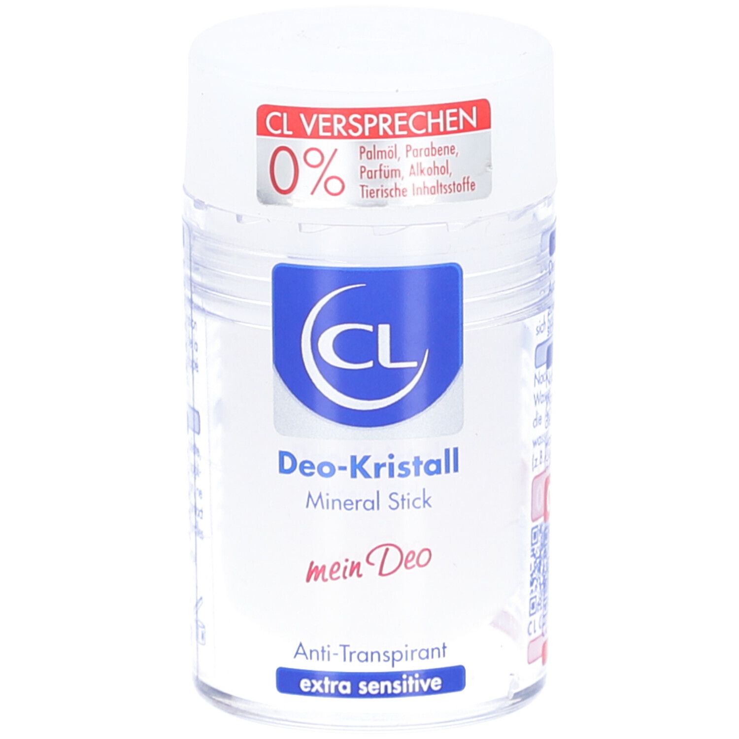 Stick minéral déodorant. Stick blanc avec logo bleu et autocollant rouge. Anti-transpirant, extra sensible.