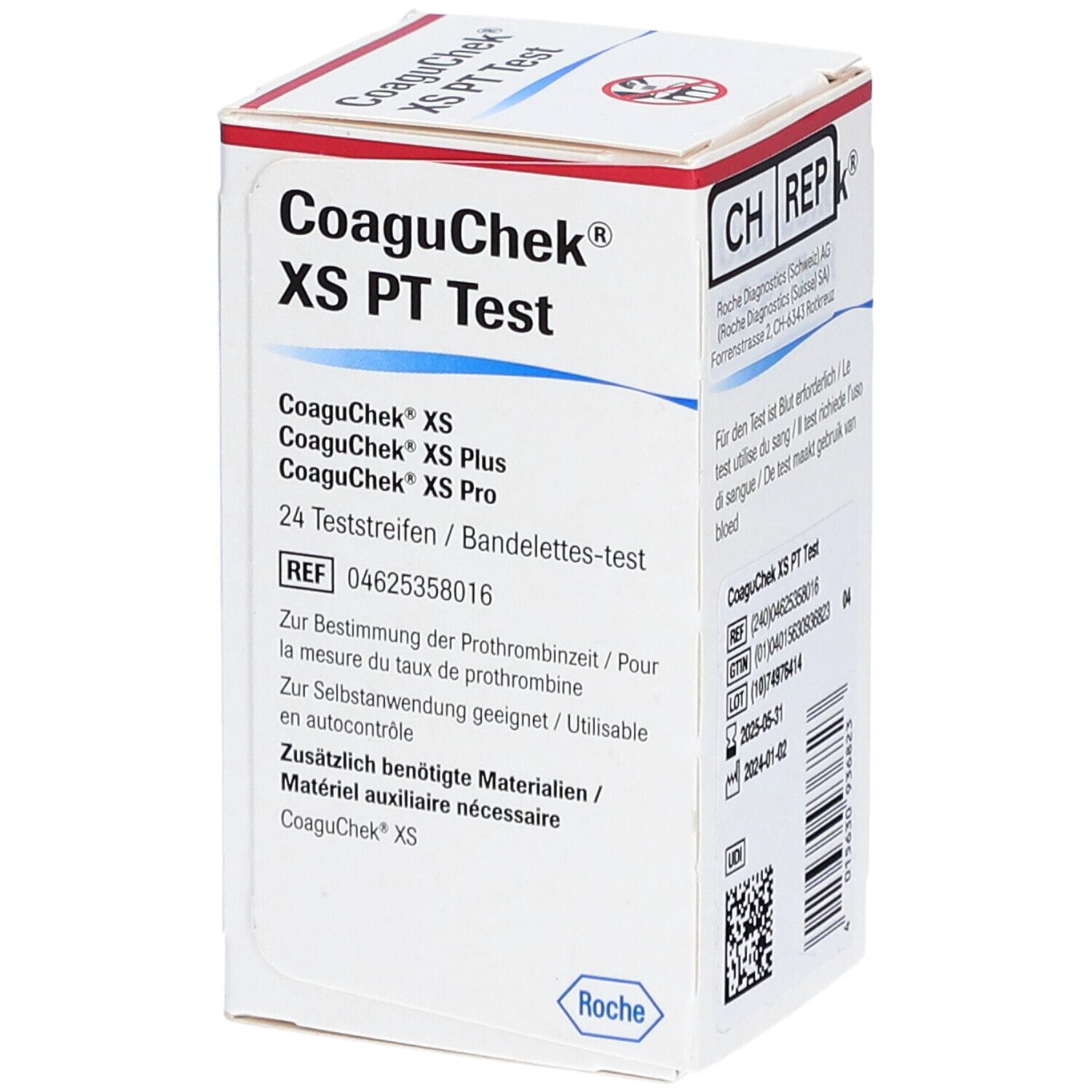 Boîte de test CoaguChek XS PT. Inscription: 24 bandelettes. Logo Roche et code QR.