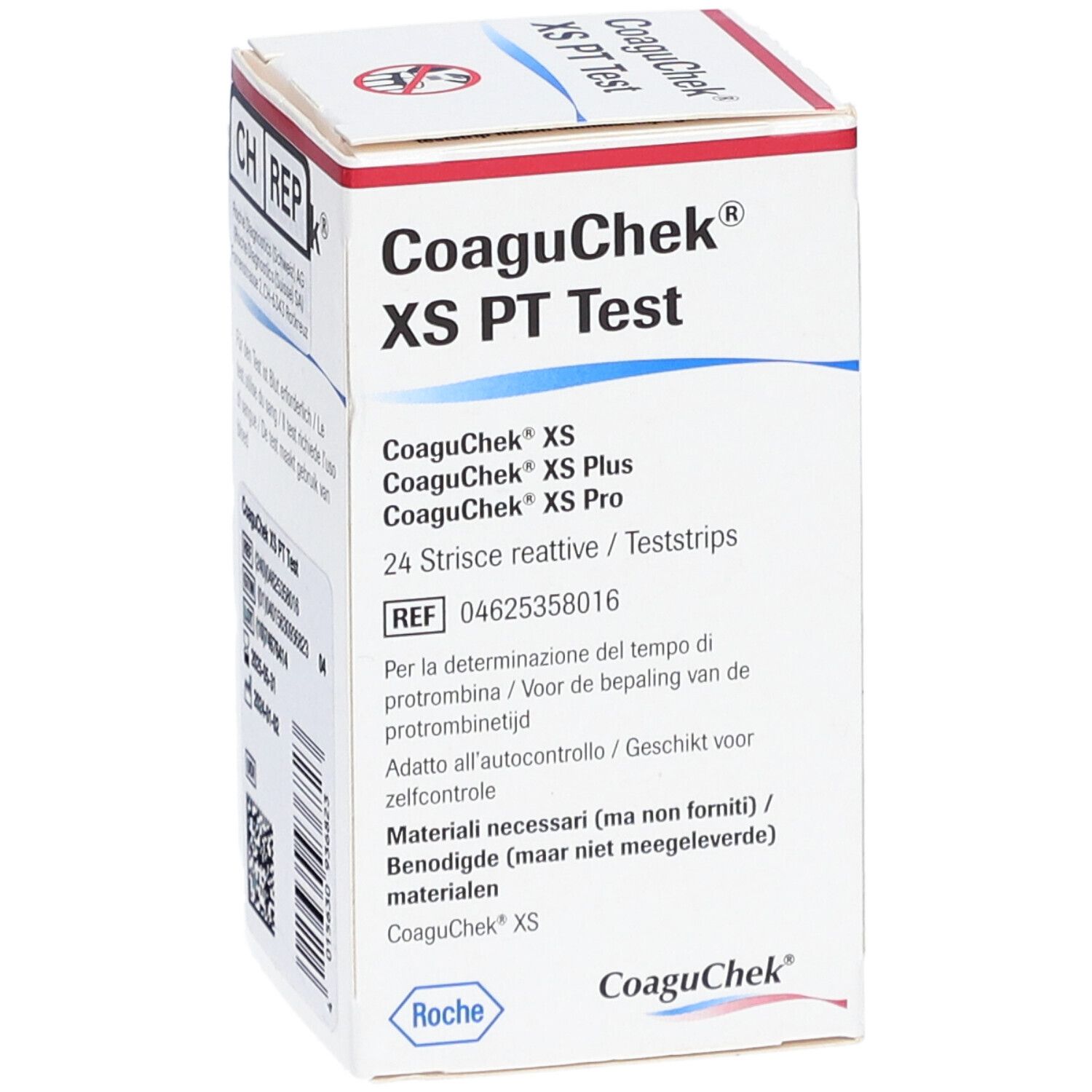 Boîte de test CoaguChek XS PT. Inscription: 24 bandelettes. Logo Roche et code QR.