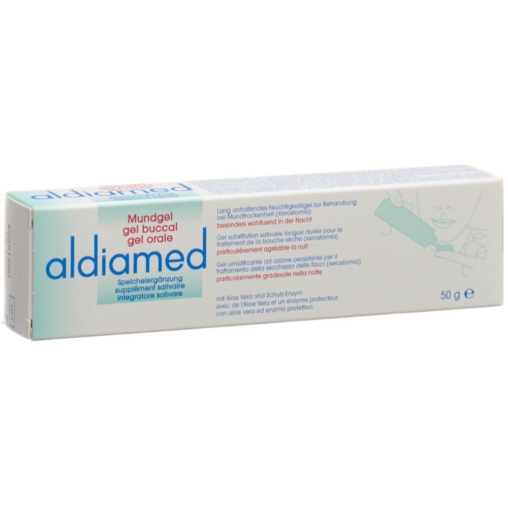Boîte aldiamed Mundgel. Texte en allemand, français, italien. 50g. Illustration d'une bouche.