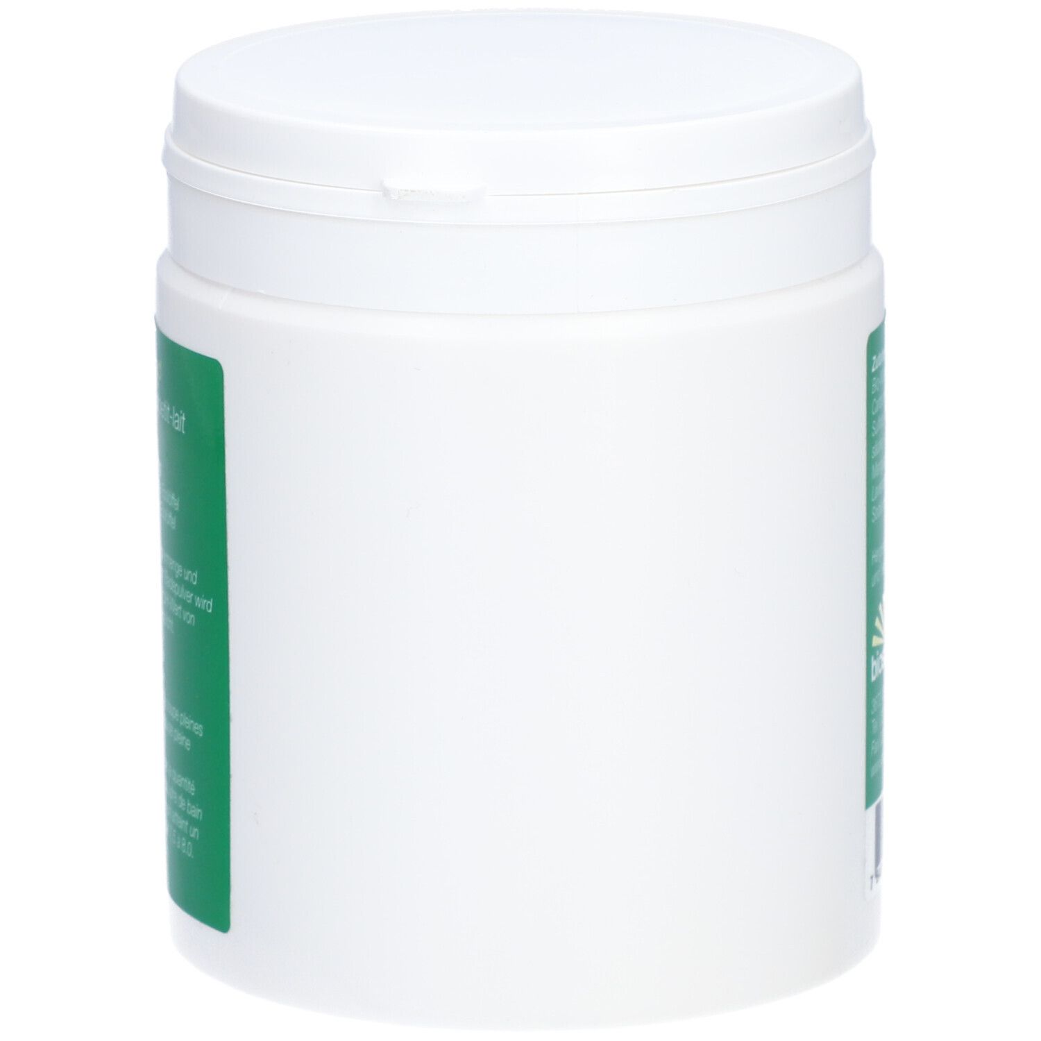 Récipient blanc avec couvercle. Étiquettes vertes sur le côté. Aucun autre détail visible.