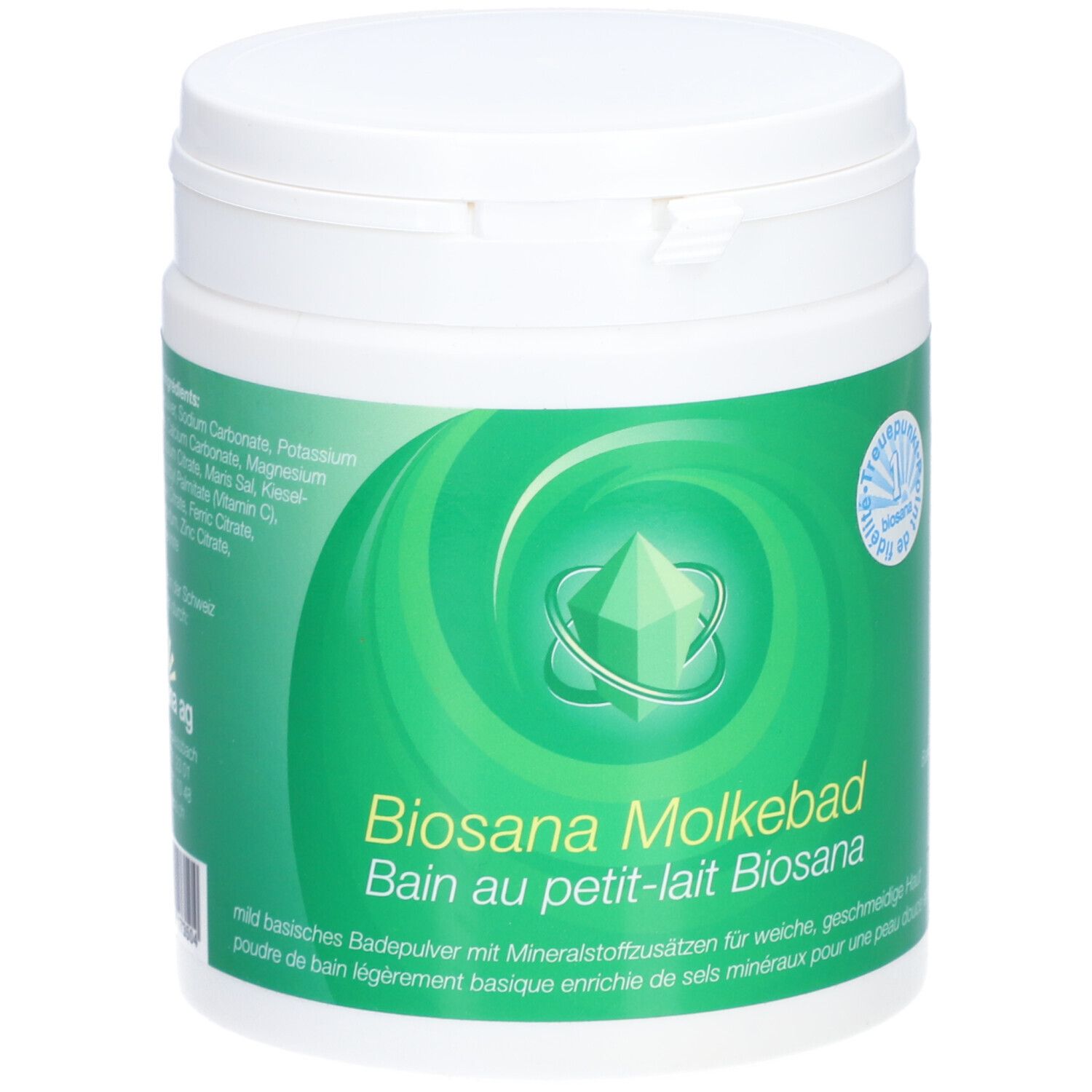 Récipient blanc avec étiquette verte. Inscription : Biosana Molkebad, Bain au petit-lait Biosana. Avec ajouts minéraux.