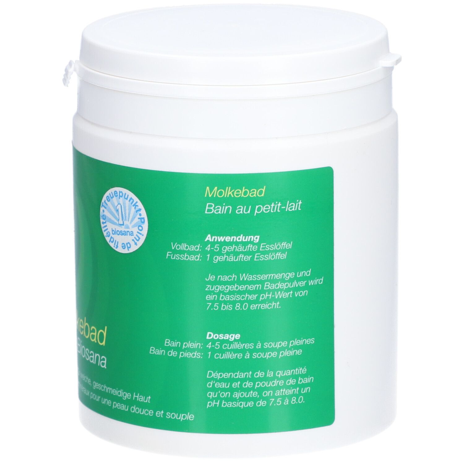 Récipient blanc avec étiquette verte. Inscription : Biosana Molkebad, Bain au petit-lait. Instructions de dosage.