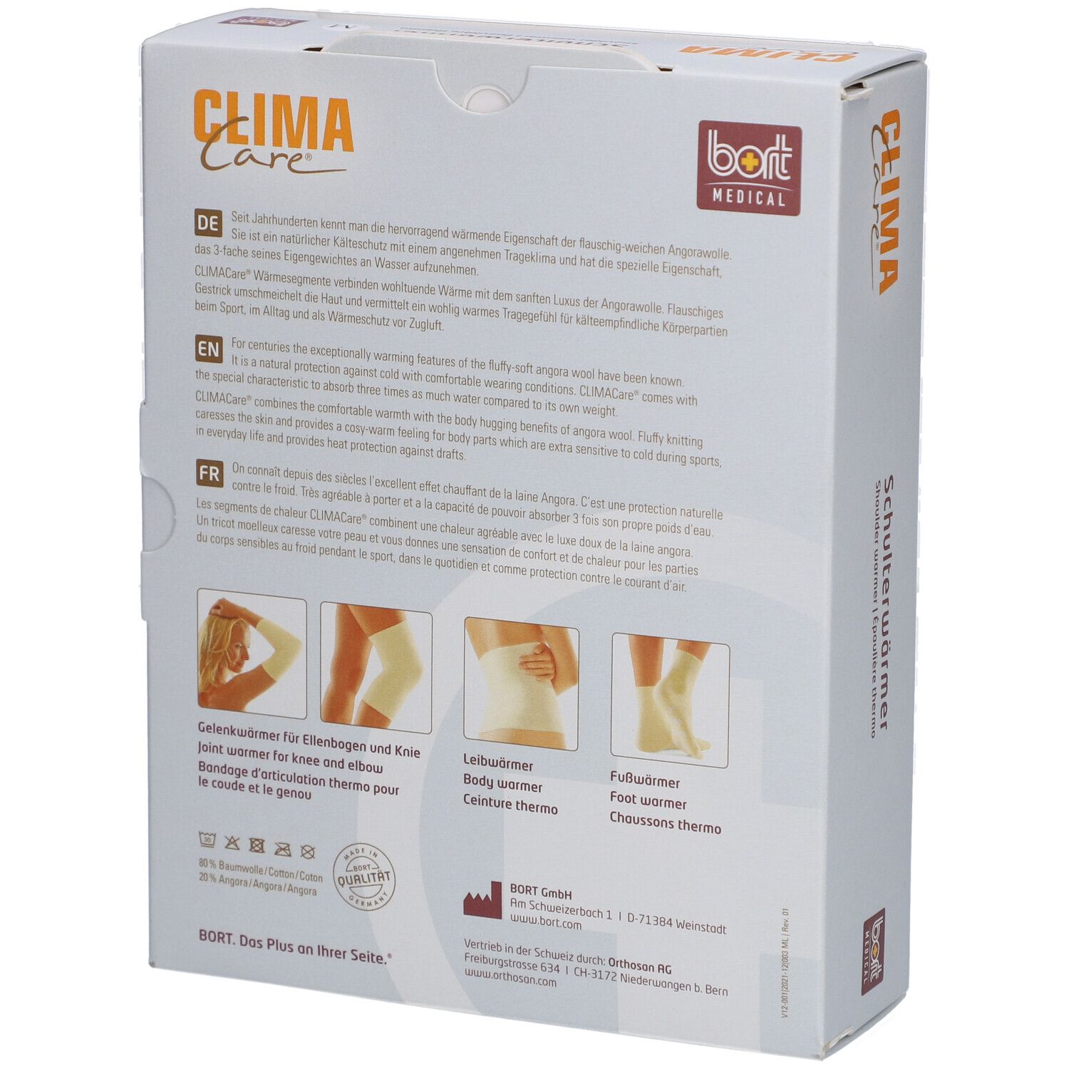Dos de l'emballage. Texte en allemand, anglais et français. Illustrations de genouillères, jambières et chauffe-pieds.