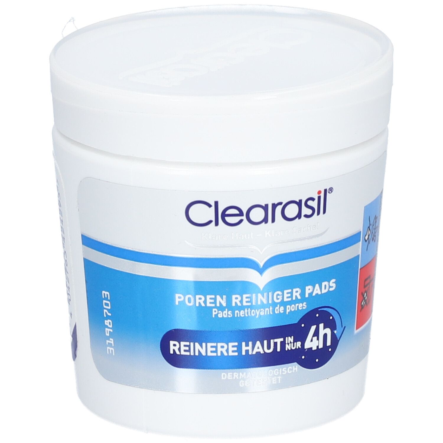Pot blanc de CLEARASIL® Porenreiniger Pads. Inscription bleue et blanche. Texte: Peau plus nette en 4h.
