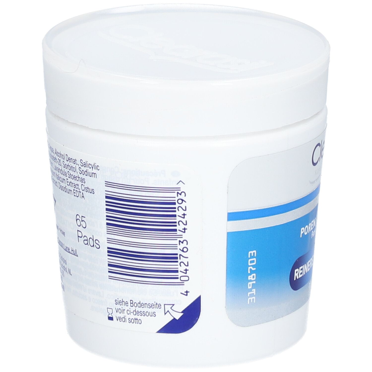 Pot blanc de CLEARASIL® Porenreiniger Pads. Dos avec ingrédients et code-barres. 65 pads.